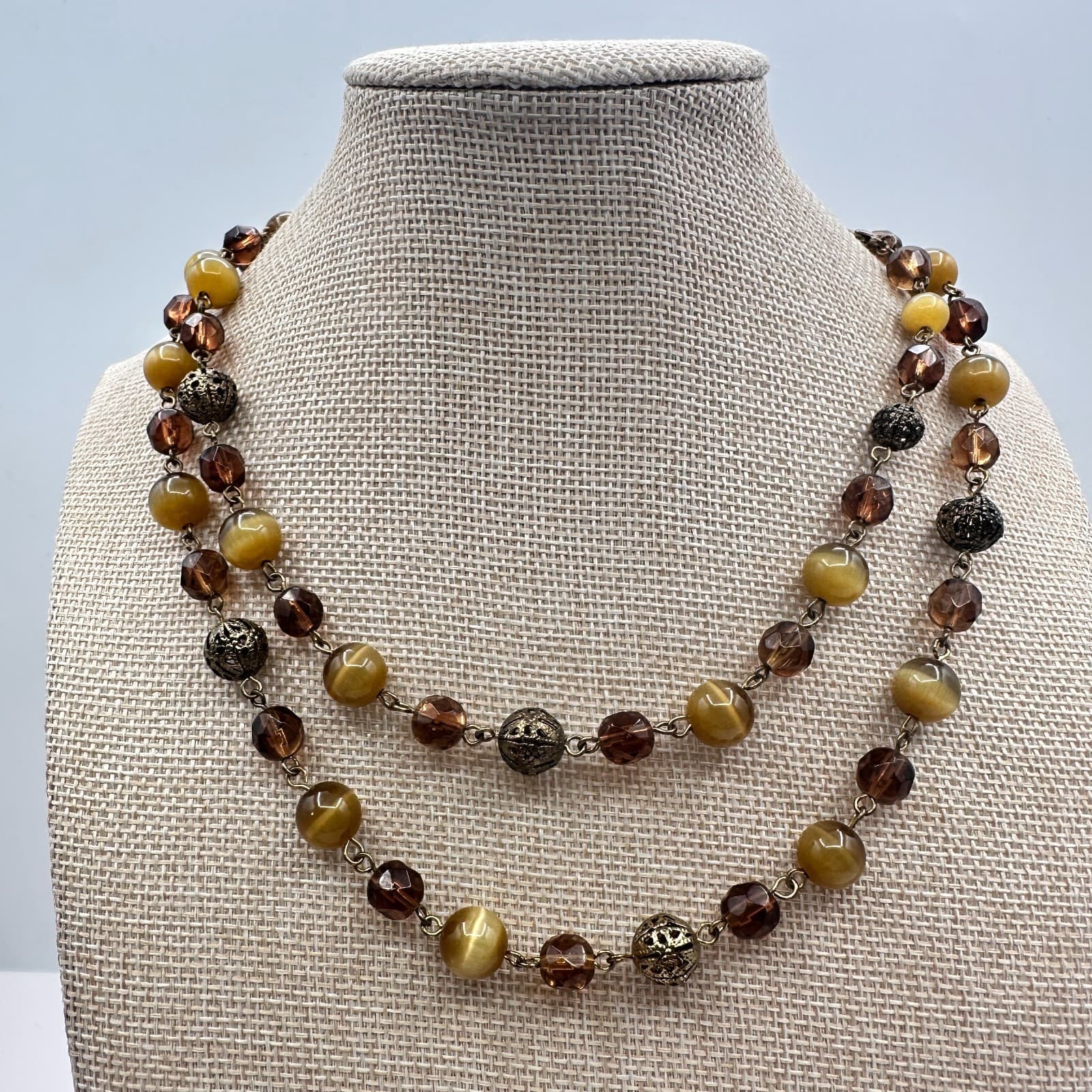 Vintage 90s Double Strand Brown Glass Cat Eye Beaded Station Necklace Jewelry - Thumbnail 6