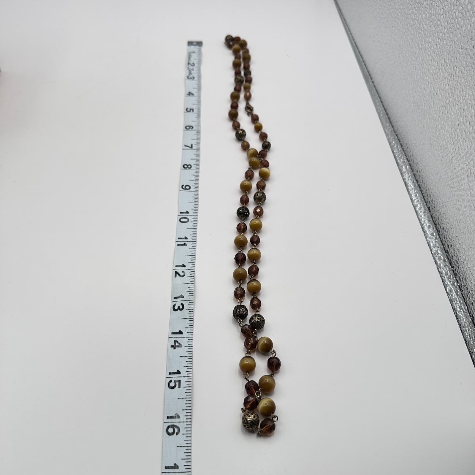 Vintage 90s Double Strand Brown Glass Cat Eye Beaded Station Necklace Jewelry - Thumbnail 7