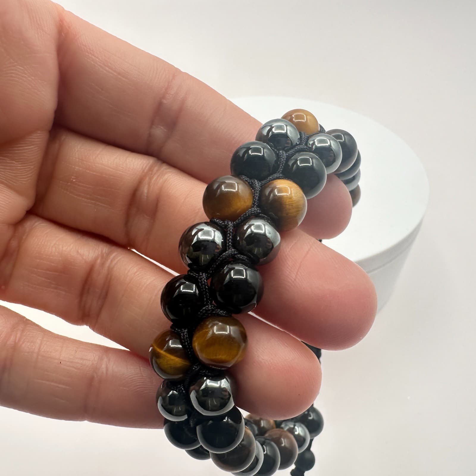 Vintage Y2K Tigers Eye Black Obsidian Beaded Shamballa Bracelet Unisex Jewelry - Thumbnail 5