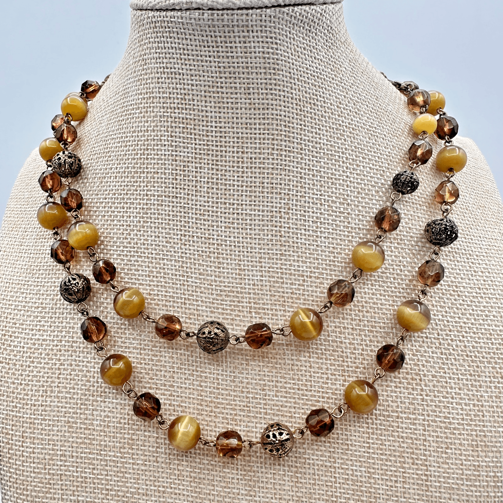 Vintage 90s Double Strand Brown Glass Cat Eye Beaded Station Necklace Jewelry - Image 1