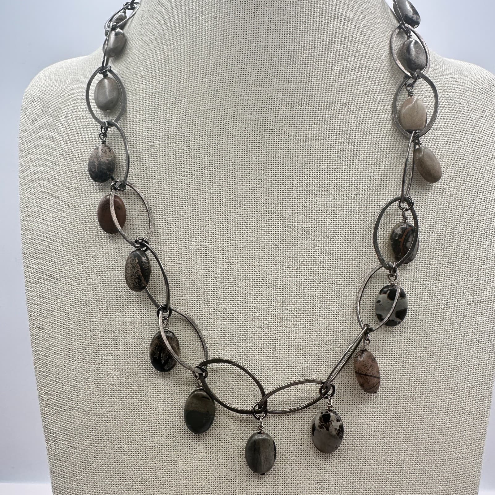 Vintage Y2K Silver Tone Oval Link Glass Stone Statement Necklace Women's Jewelry - Thumbnail 7