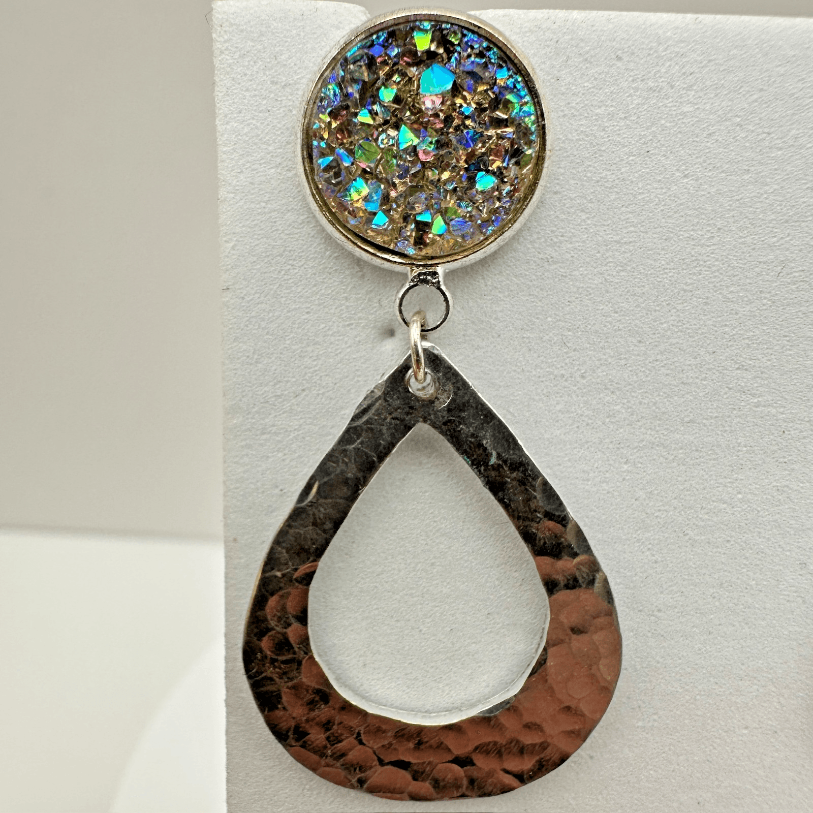 Vintage 90s 80s Dangle Rainbow Druzy Crystal Stone Earrings Silver Tone Jewelry - Thumbnail 4