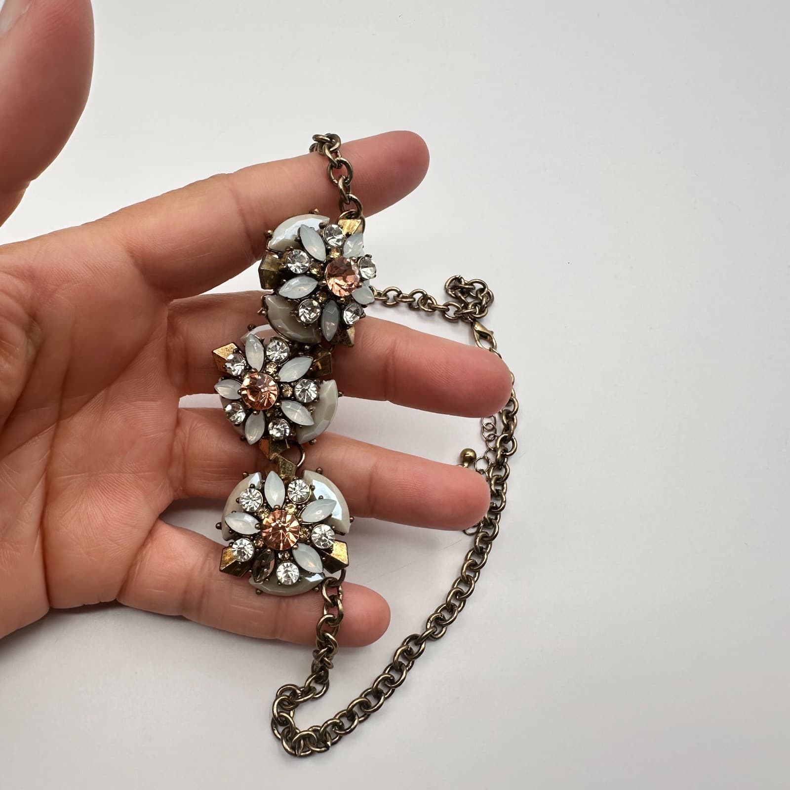 Vintage 90s Gold Tone Rhinestone Floral Bib Necklace Statement Women's Jewelry - Thumbnail 4