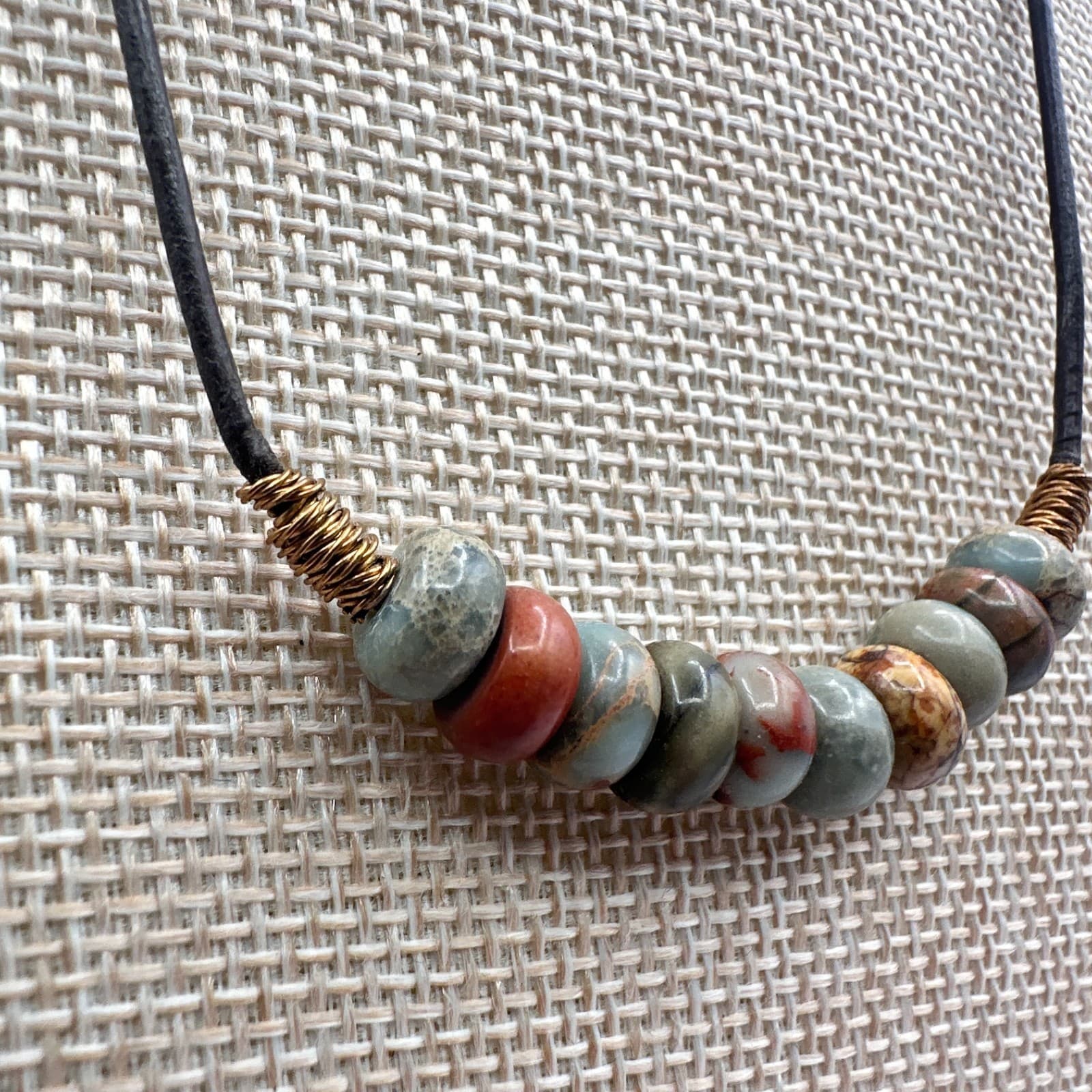 Vintage Y2K Brass Tone Beaded Necklace Leather Cord Women's Classic Jewelry - Thumbnail 3