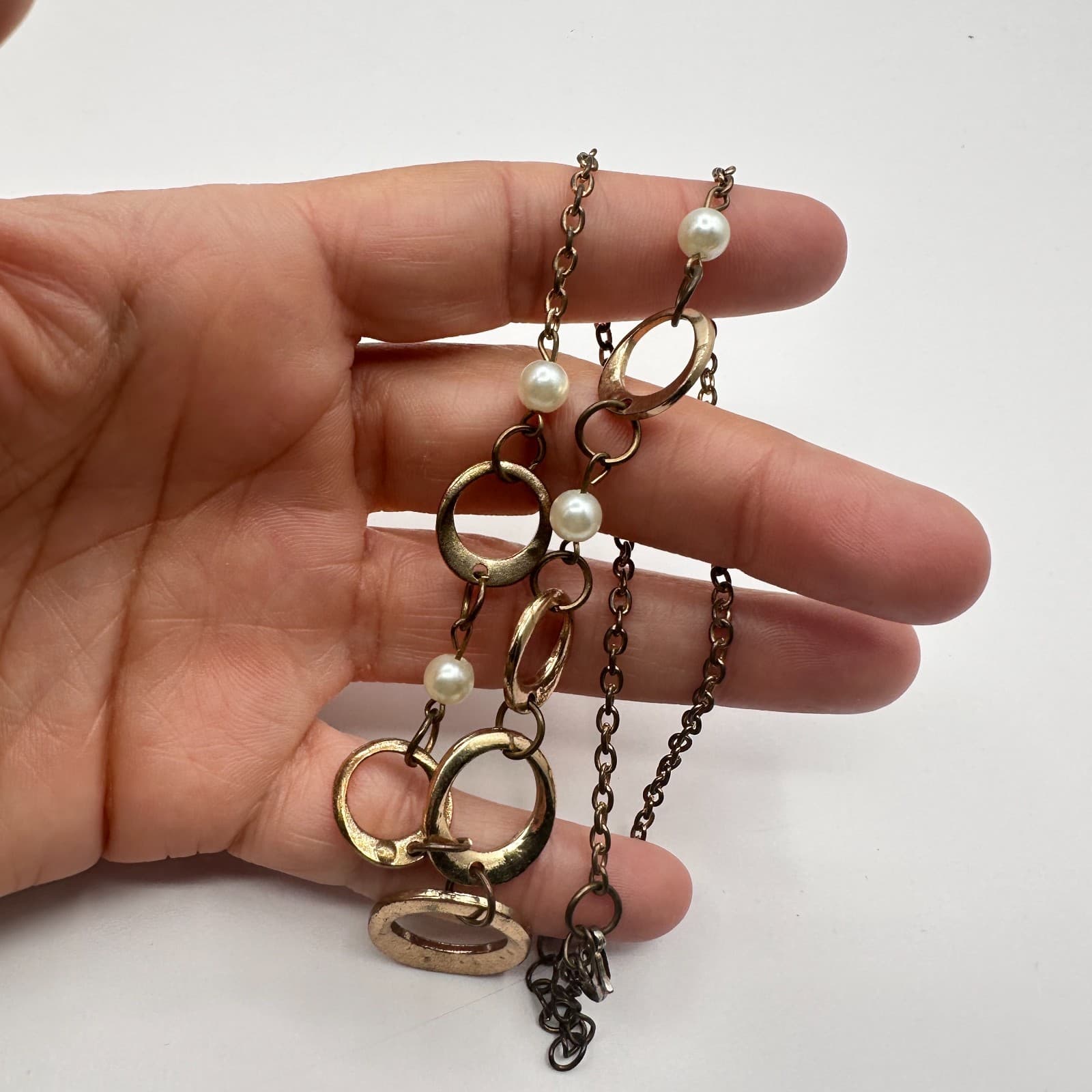 Vintage Y2K Gold Tone Faux Pearl Geometric Circle Link Necklace Women's Jewelry - Thumbnail 8