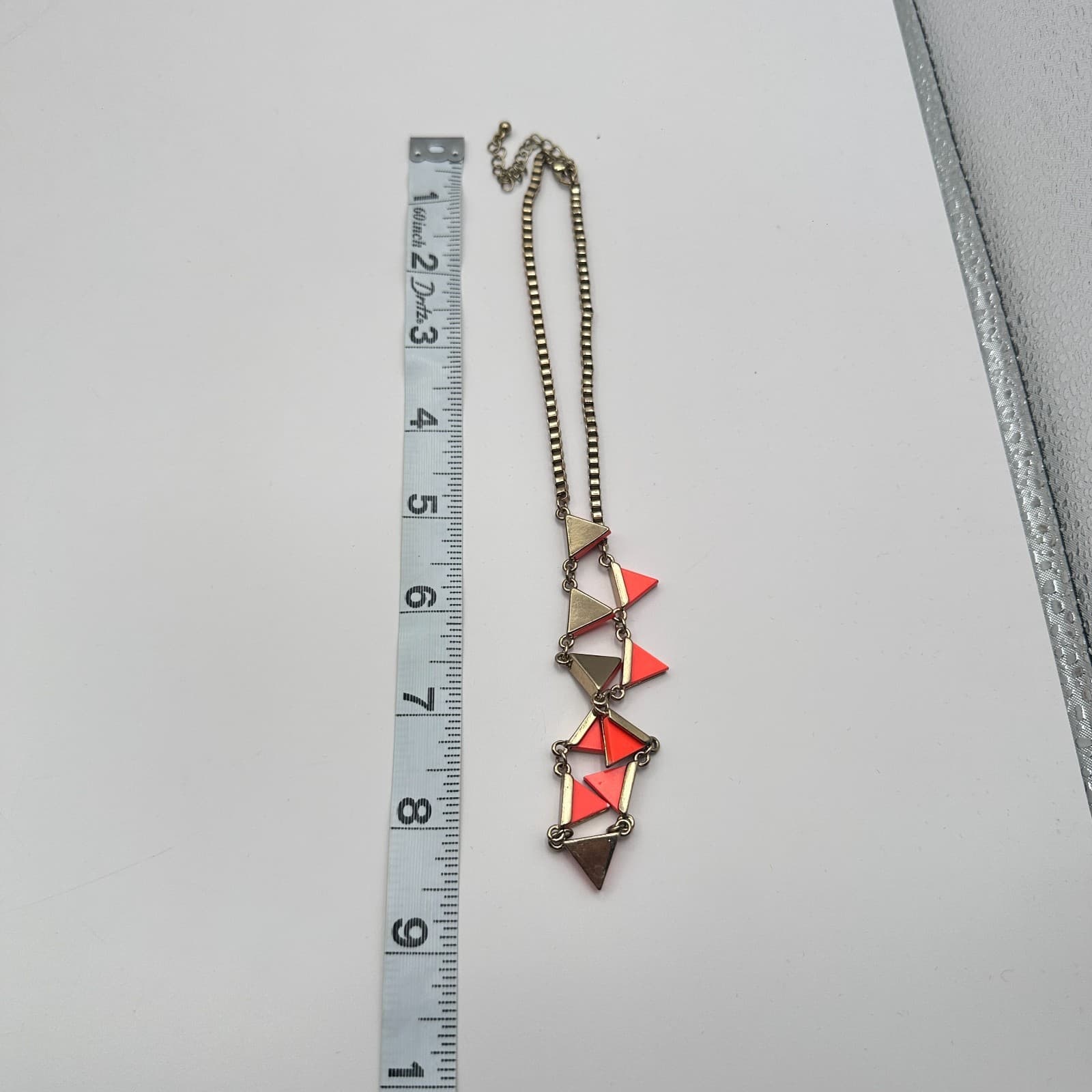 Vintage 90s Gold Tone Neon Orange Enamel Triangle Necklace Statement Jewelry - Thumbnail 9