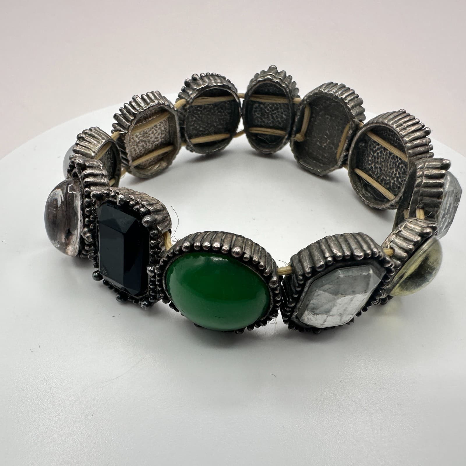 Vintage Y2K Silver Tone Stretch Stone Bracelet Boho Women's Classic Jewelry - Image 1