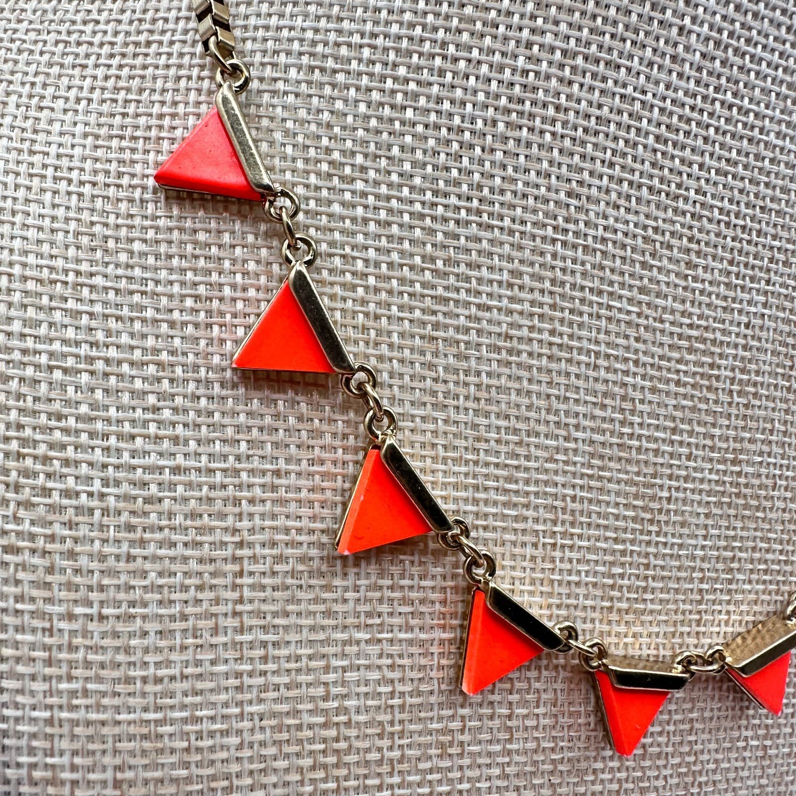 Vintage 90s Gold Tone Neon Orange Enamel Triangle Necklace Statement Jewelry - Thumbnail 3