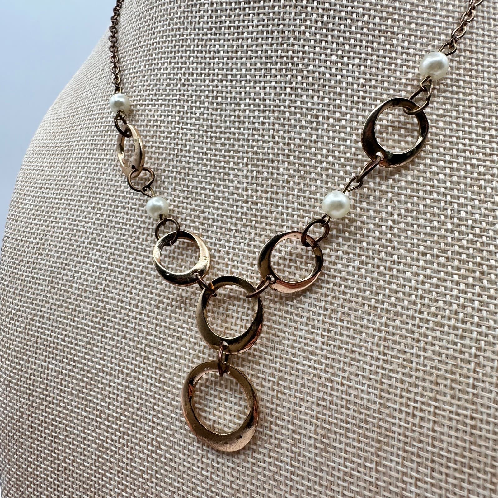 Vintage Y2K Gold Tone Faux Pearl Geometric Circle Link Necklace Women's Jewelry - Thumbnail 5