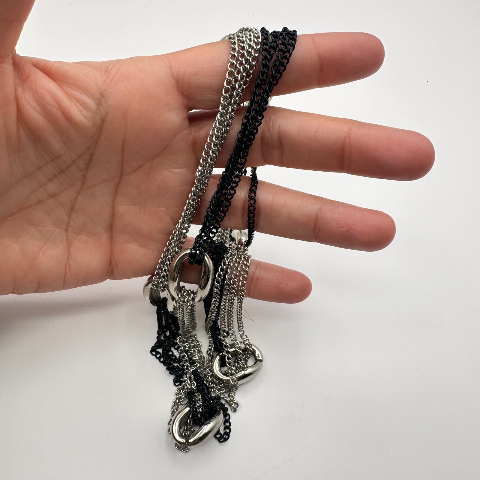 Vintage Y2K Silver Tone Black Silver Multi Strand Chain Necklace Women's Jewelry - Thumbnail 7
