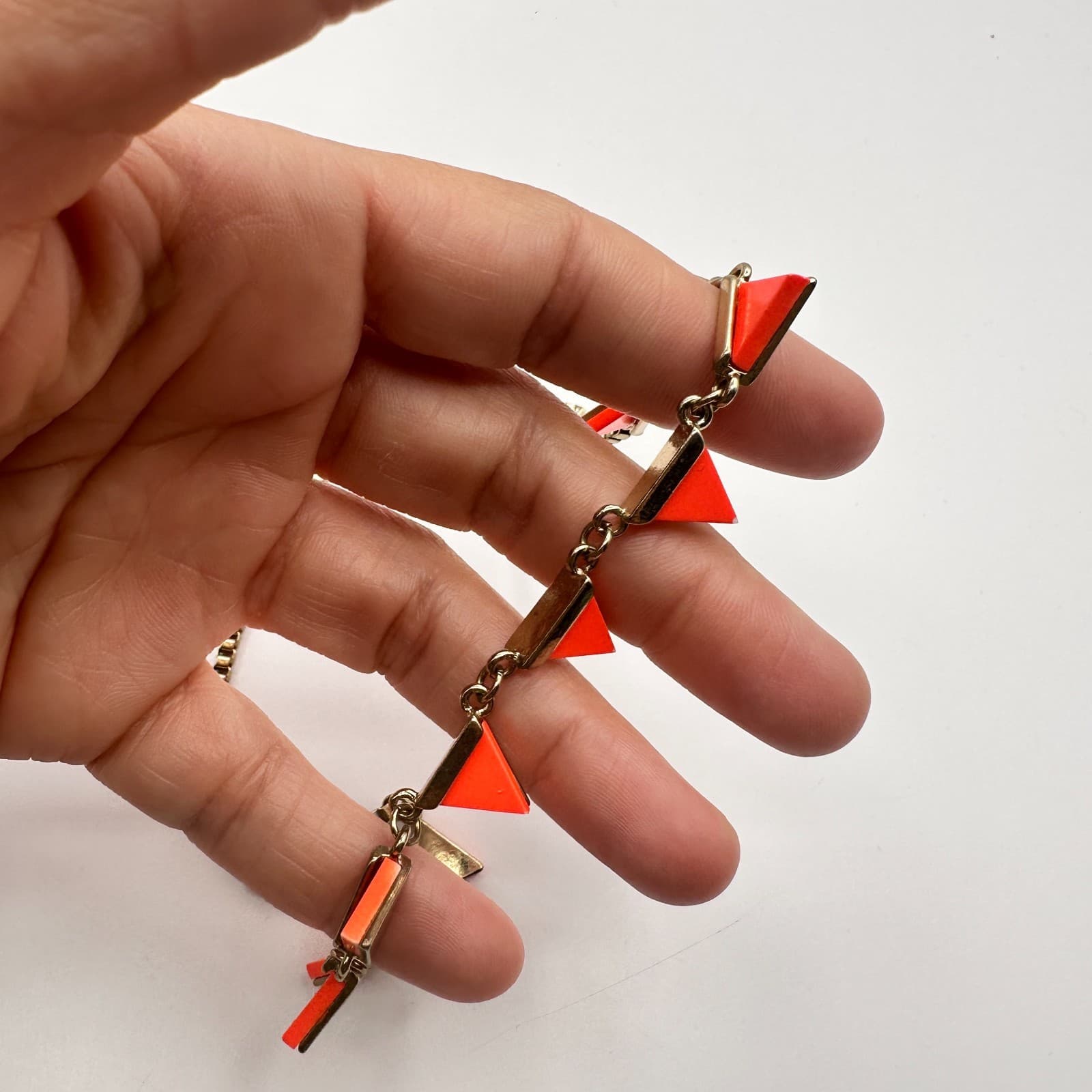 Vintage 90s Gold Tone Neon Orange Enamel Triangle Necklace Statement Jewelry - Thumbnail 7