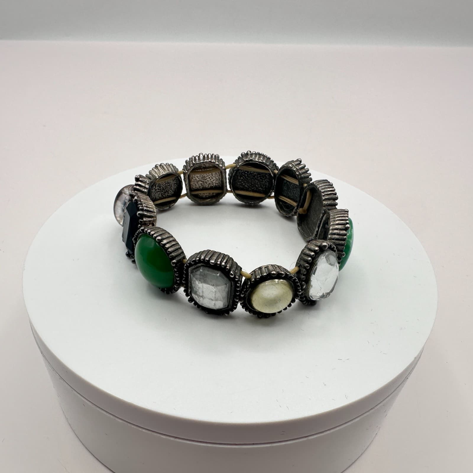 Vintage Y2K Silver Tone Stretch Stone Bracelet Boho Women's Classic Jewelry - Thumbnail 5