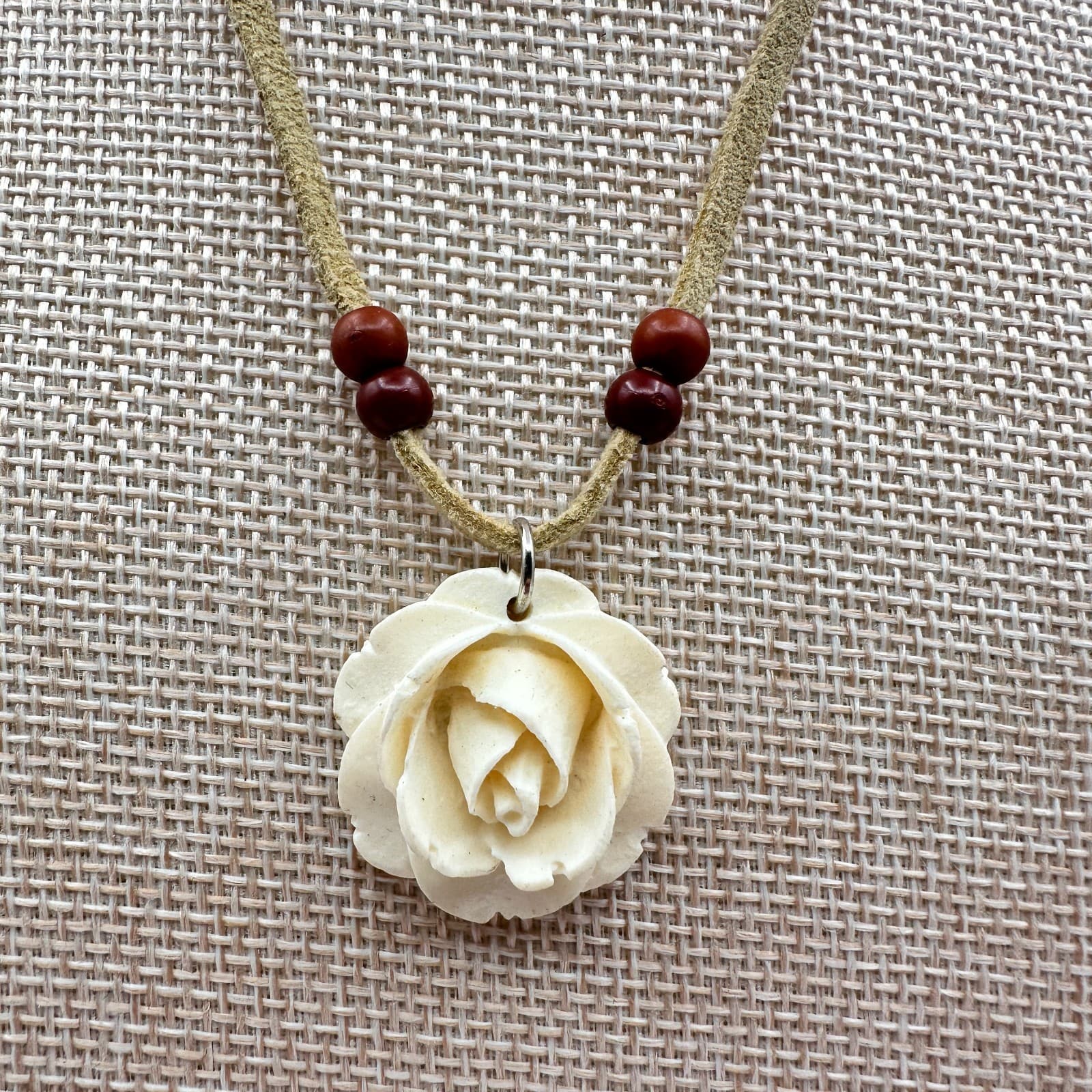 Vintage 90s Wooden Beaded Cream Rose Pendant Necklace Faux Suede Cord Jewelry - Image 1