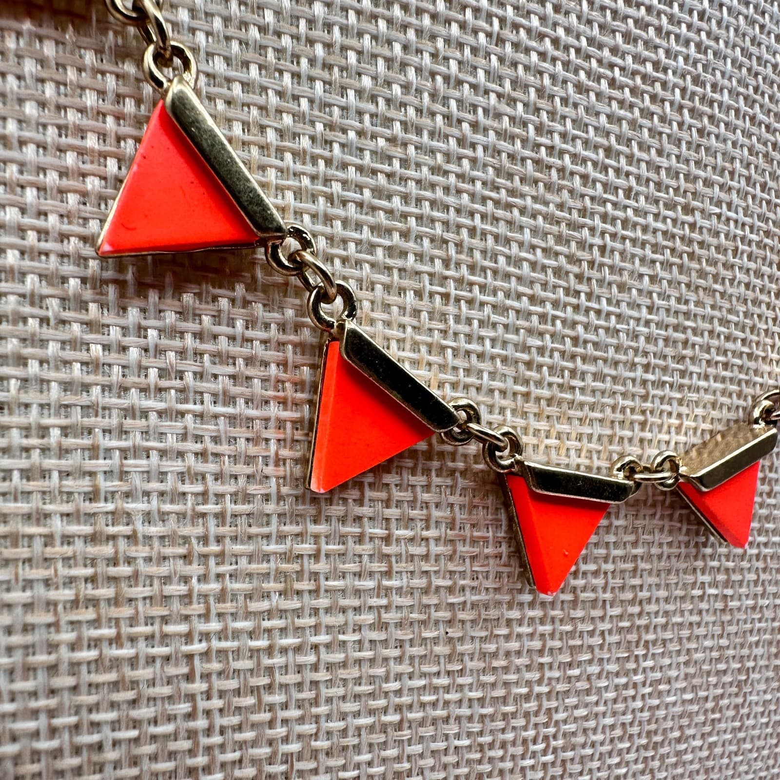 Vintage 90s Gold Tone Neon Orange Enamel Triangle Necklace Statement Jewelry - Thumbnail 4