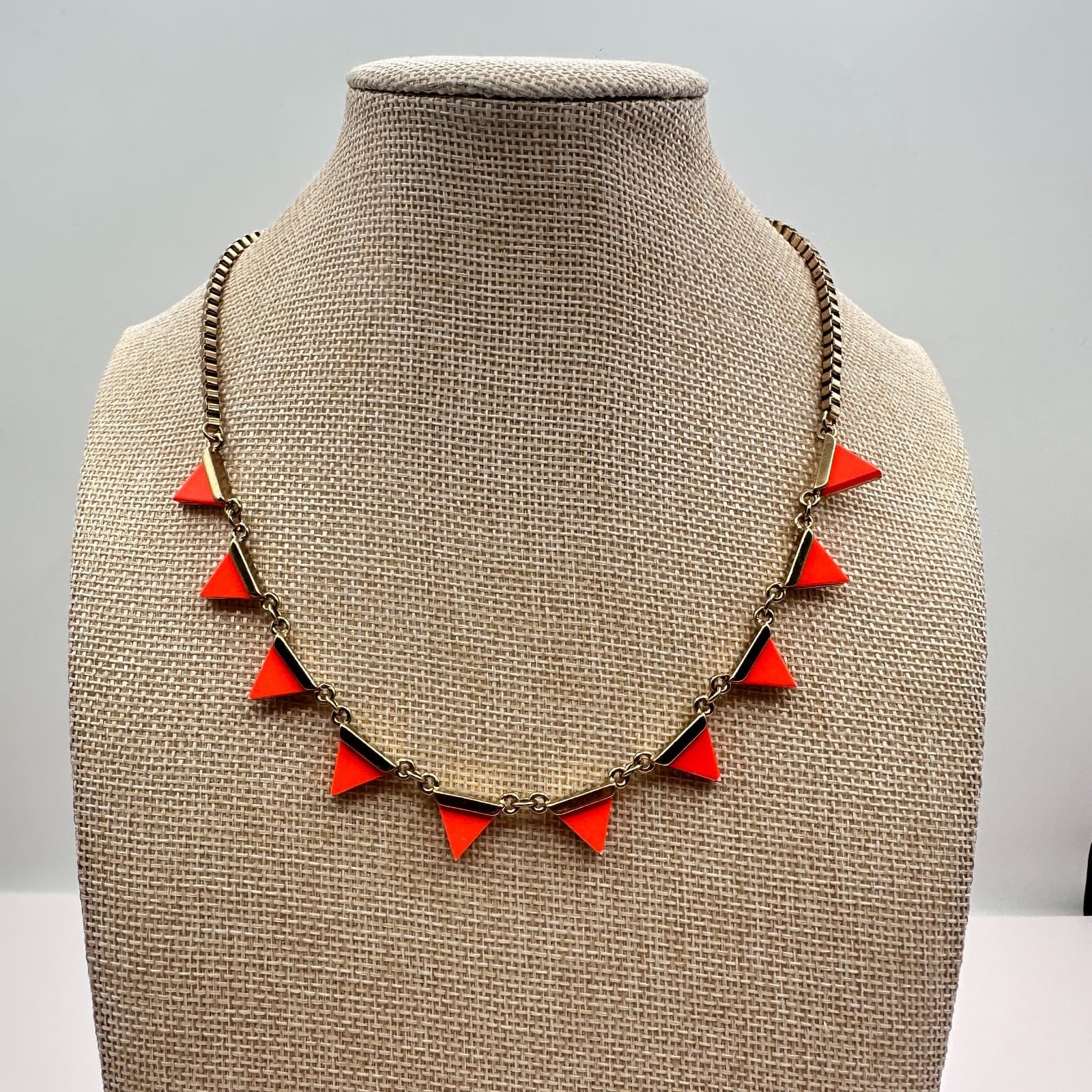 Vintage 90s Gold Tone Neon Orange Enamel Triangle Necklace Statement Jewelry - Thumbnail 6