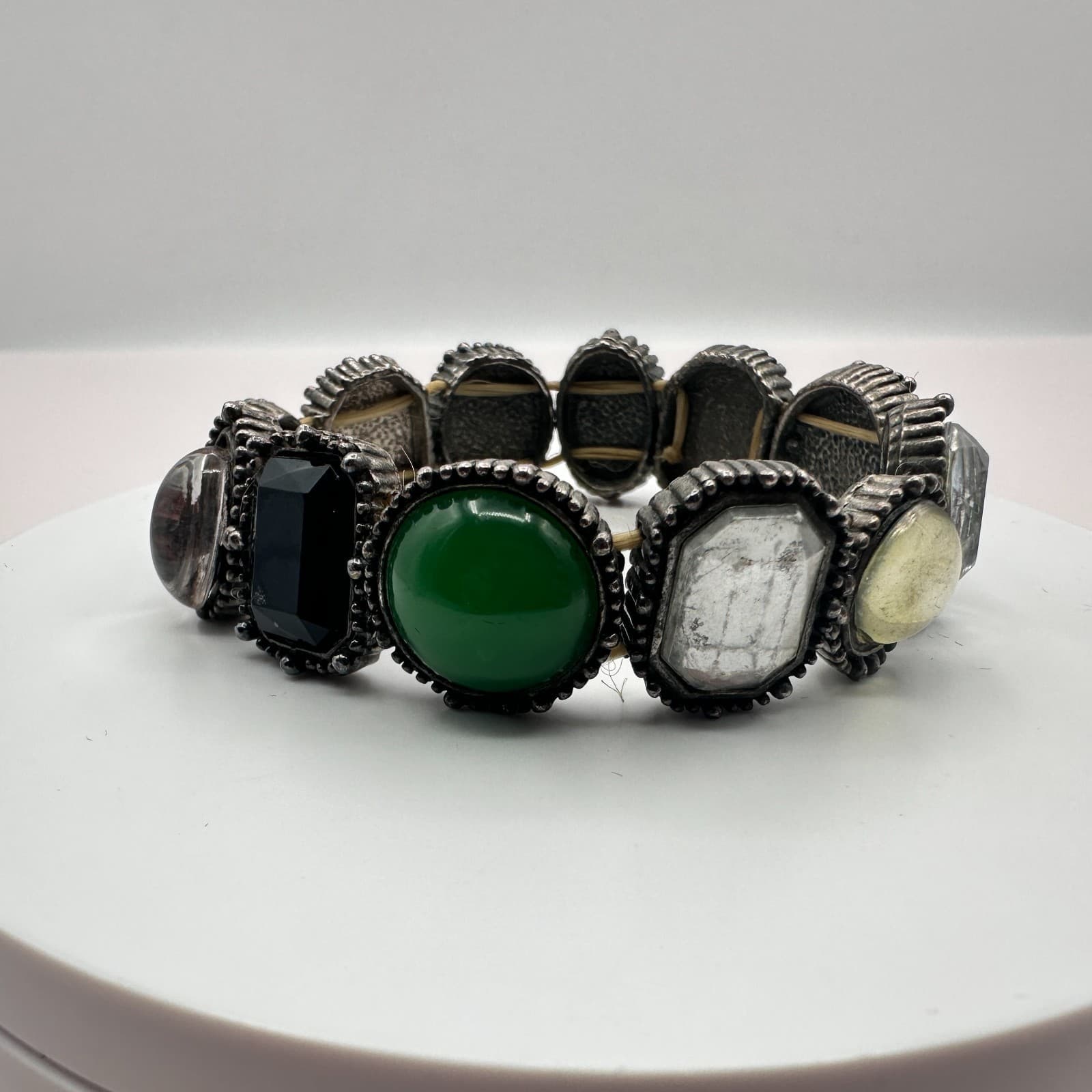 Vintage Y2K Silver Tone Stretch Stone Bracelet Boho Women's Classic Jewelry - Thumbnail 3