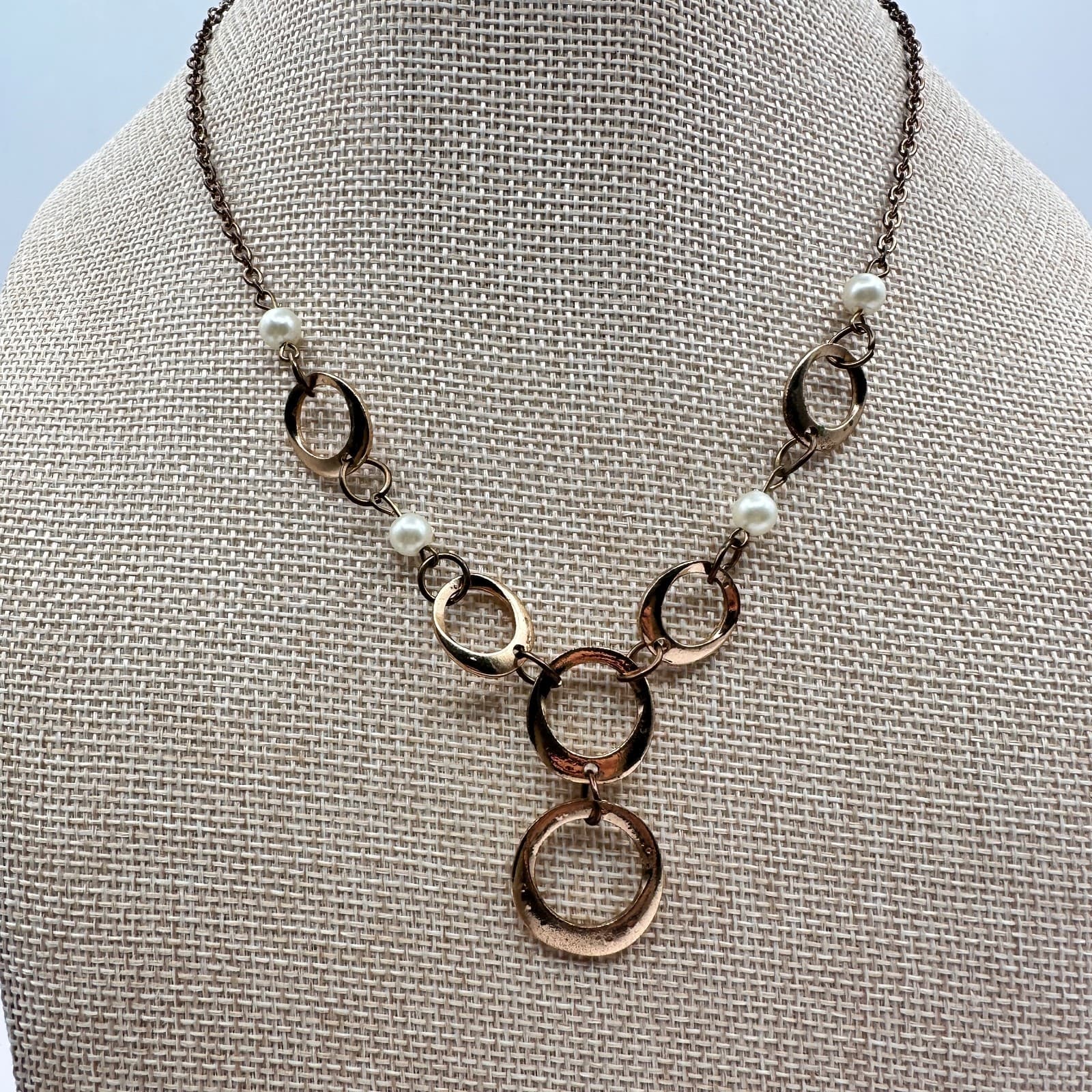 Vintage Y2K Gold Tone Faux Pearl Geometric Circle Link Necklace Women's Jewelry - Thumbnail 2