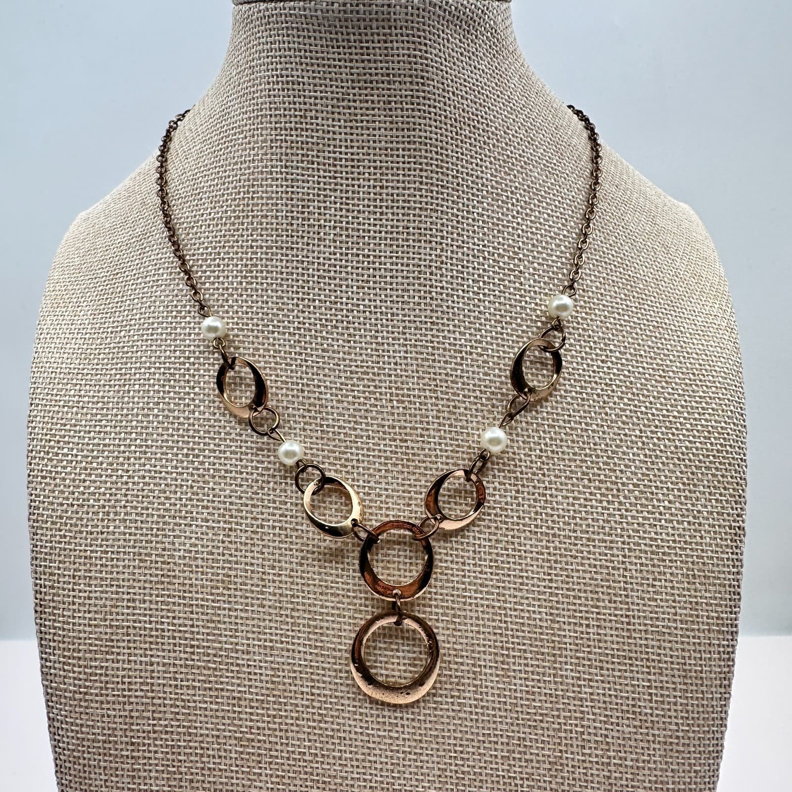 Vintage Y2K Gold Tone Faux Pearl Geometric Circle Link Necklace Women's Jewelry - Thumbnail 6