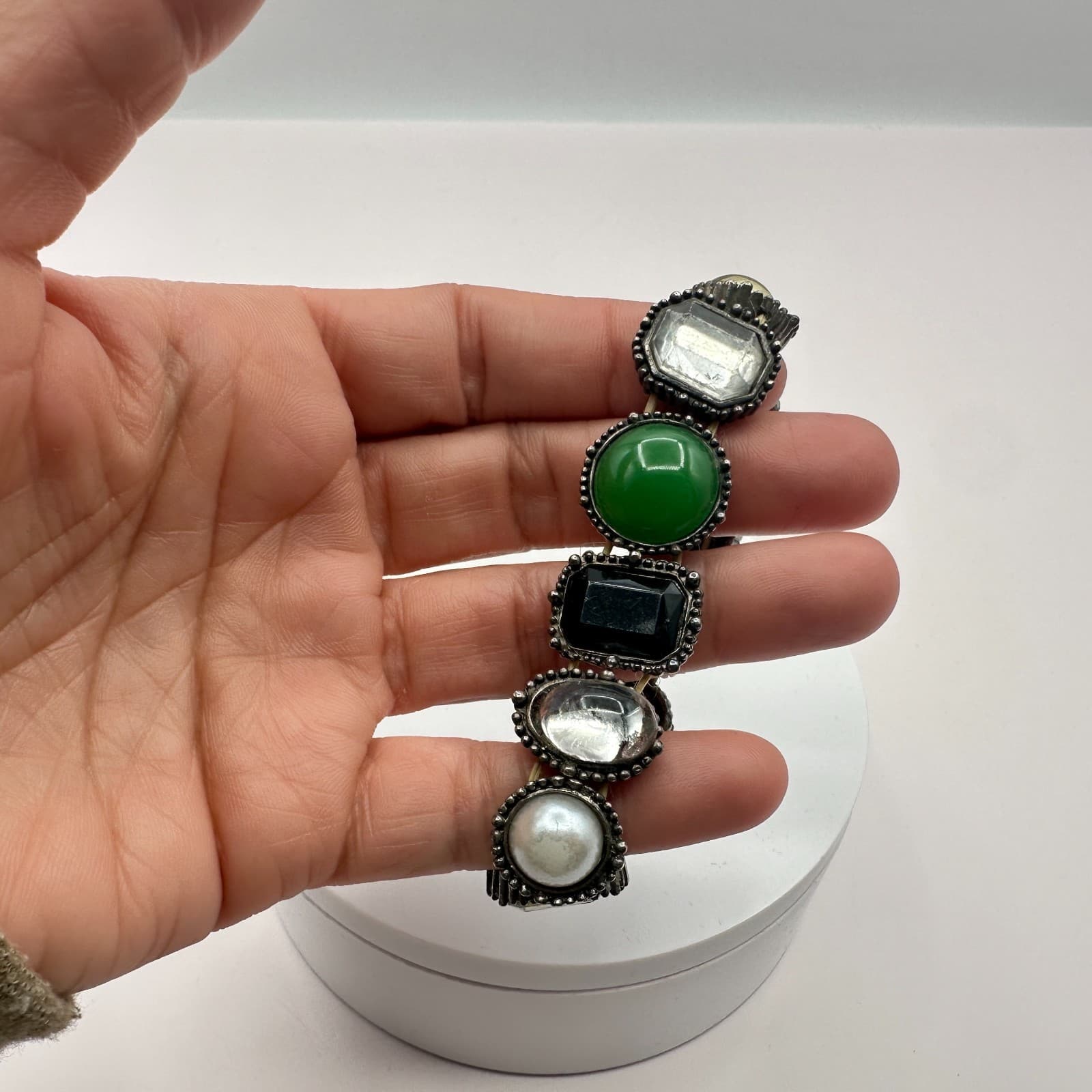 Vintage Y2K Silver Tone Stretch Stone Bracelet Boho Women's Classic Jewelry - Thumbnail 7