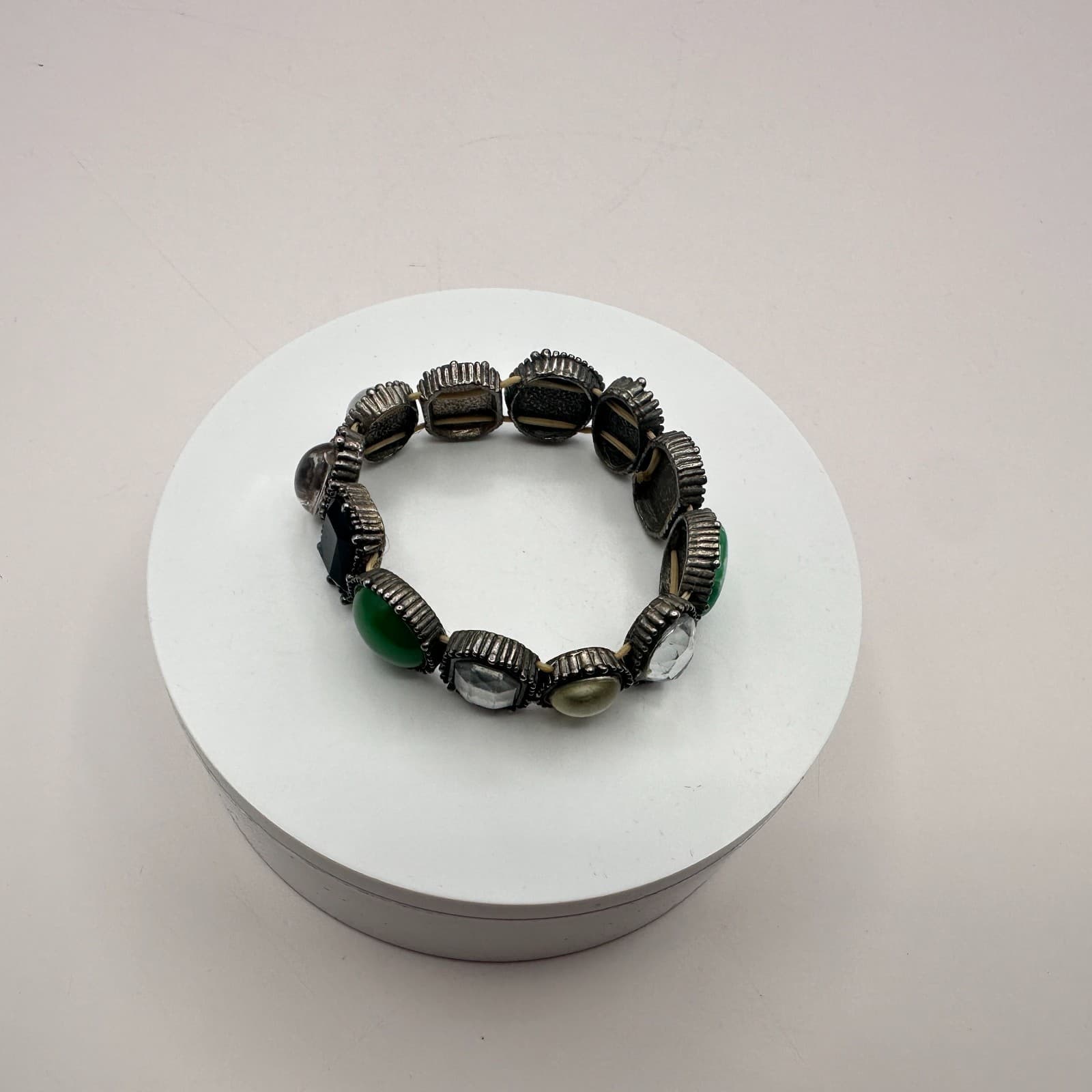 Vintage Y2K Silver Tone Stretch Stone Bracelet Boho Women's Classic Jewelry - Thumbnail 6