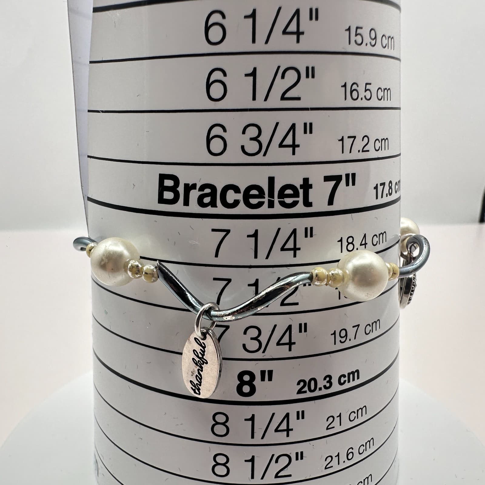 Vintage Y2K Silver Tone Faux Pearl Heart Grateful Charm Bracelet Women's Jewelry - Thumbnail 8