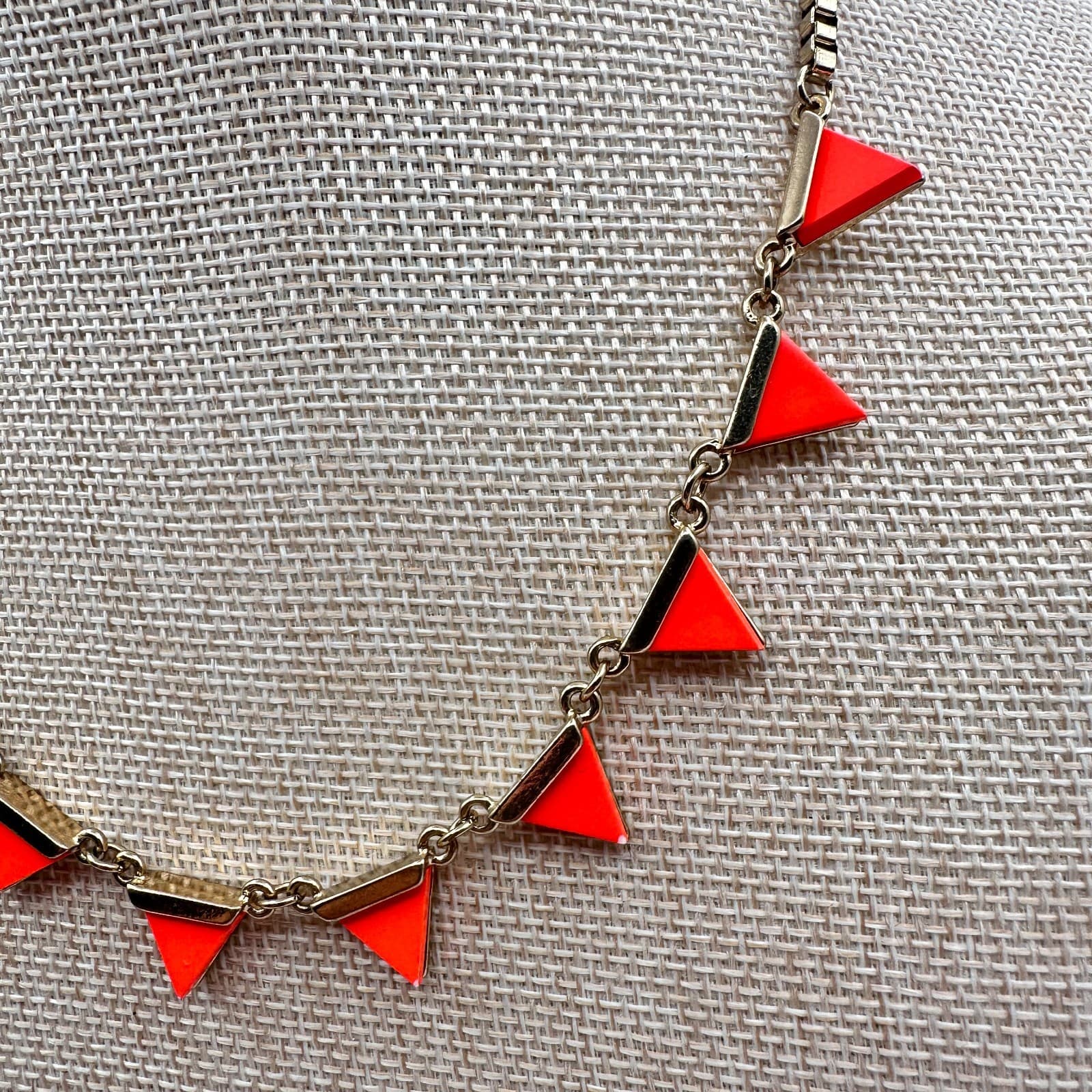 Vintage 90s Gold Tone Neon Orange Enamel Triangle Necklace Statement Jewelry - Thumbnail 5