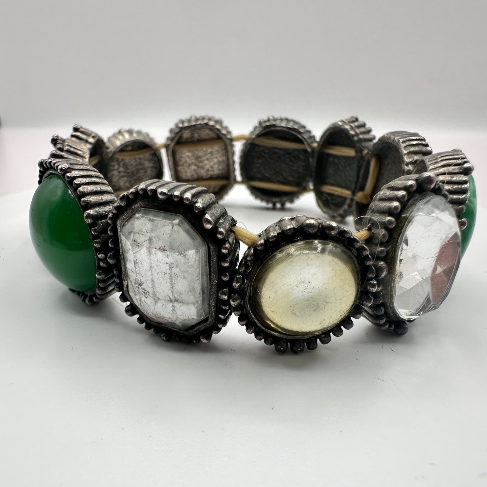 Vintage Y2K Silver Tone Stretch Stone Bracelet Boho Women's Classic Jewelry - Thumbnail 4