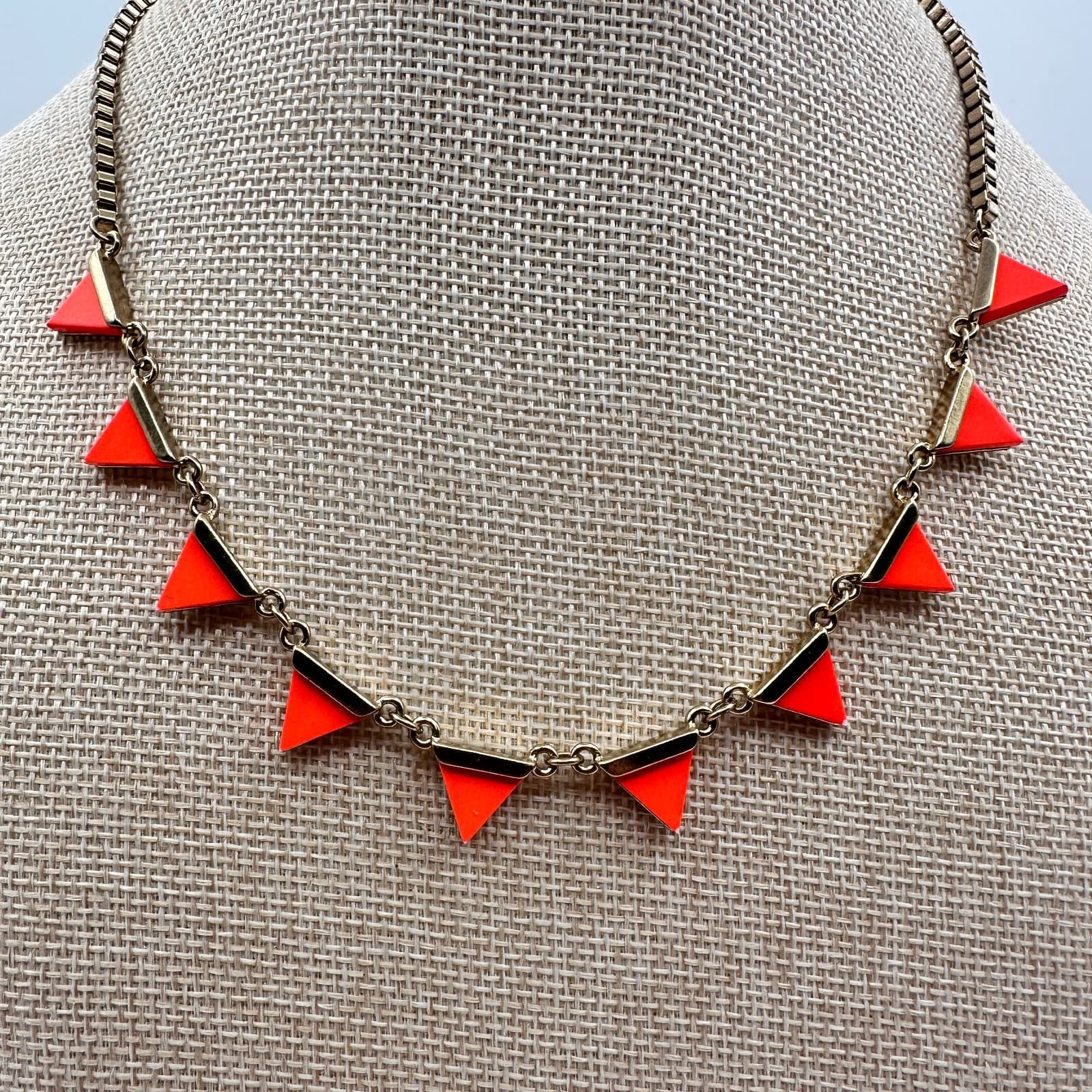 Vintage 90s Gold Tone Neon Orange Enamel Triangle Necklace Statement Jewelry - Thumbnail 2