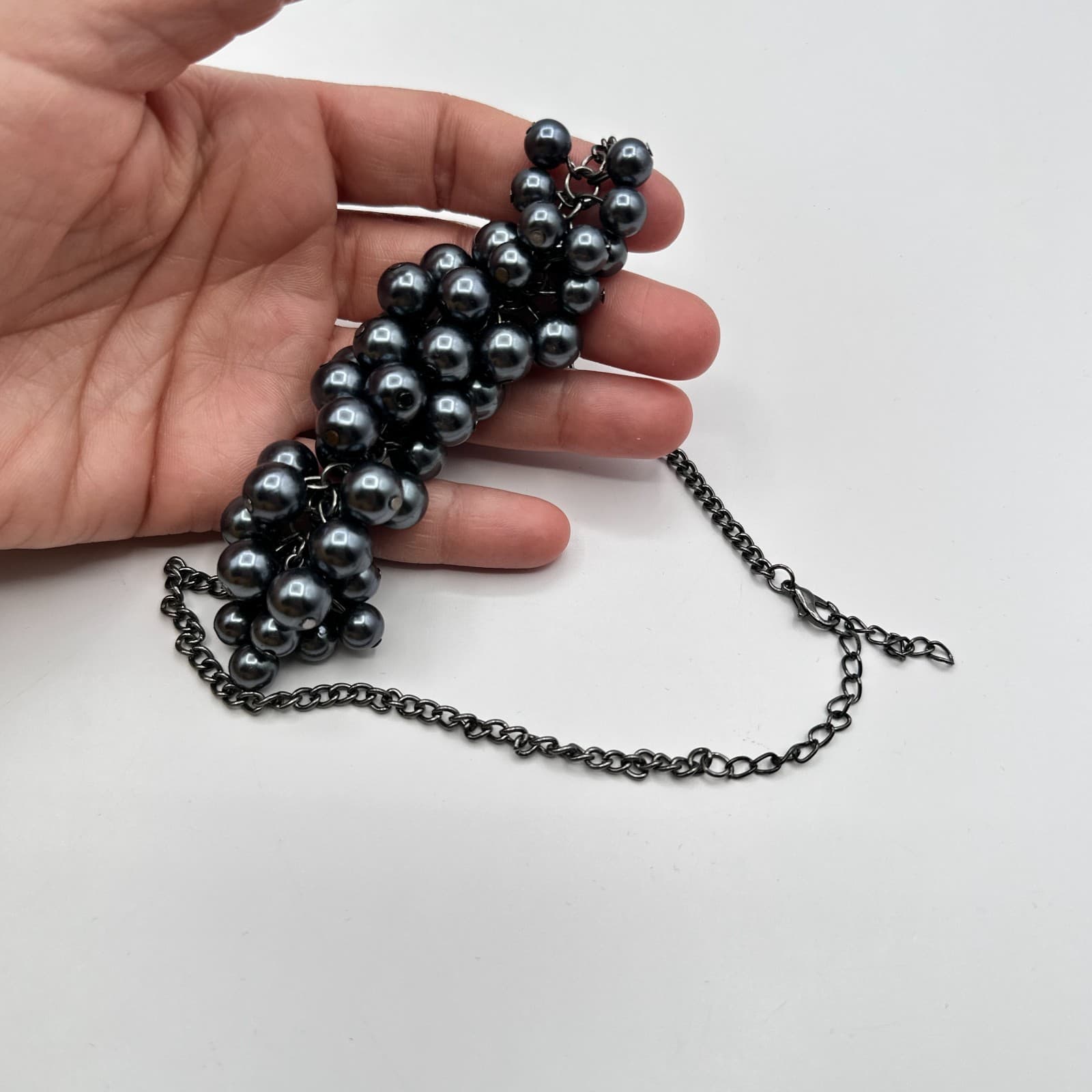 Vintage 90s Silver Tone Layered Chain Necklace Shimmering Faux Pearl Jewelry - Thumbnail 6