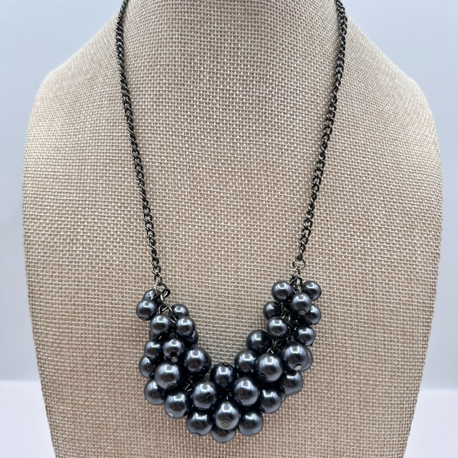 Vintage 90s Silver Tone Layered Chain Necklace Shimmering Faux Pearl Jewelry - Image 1