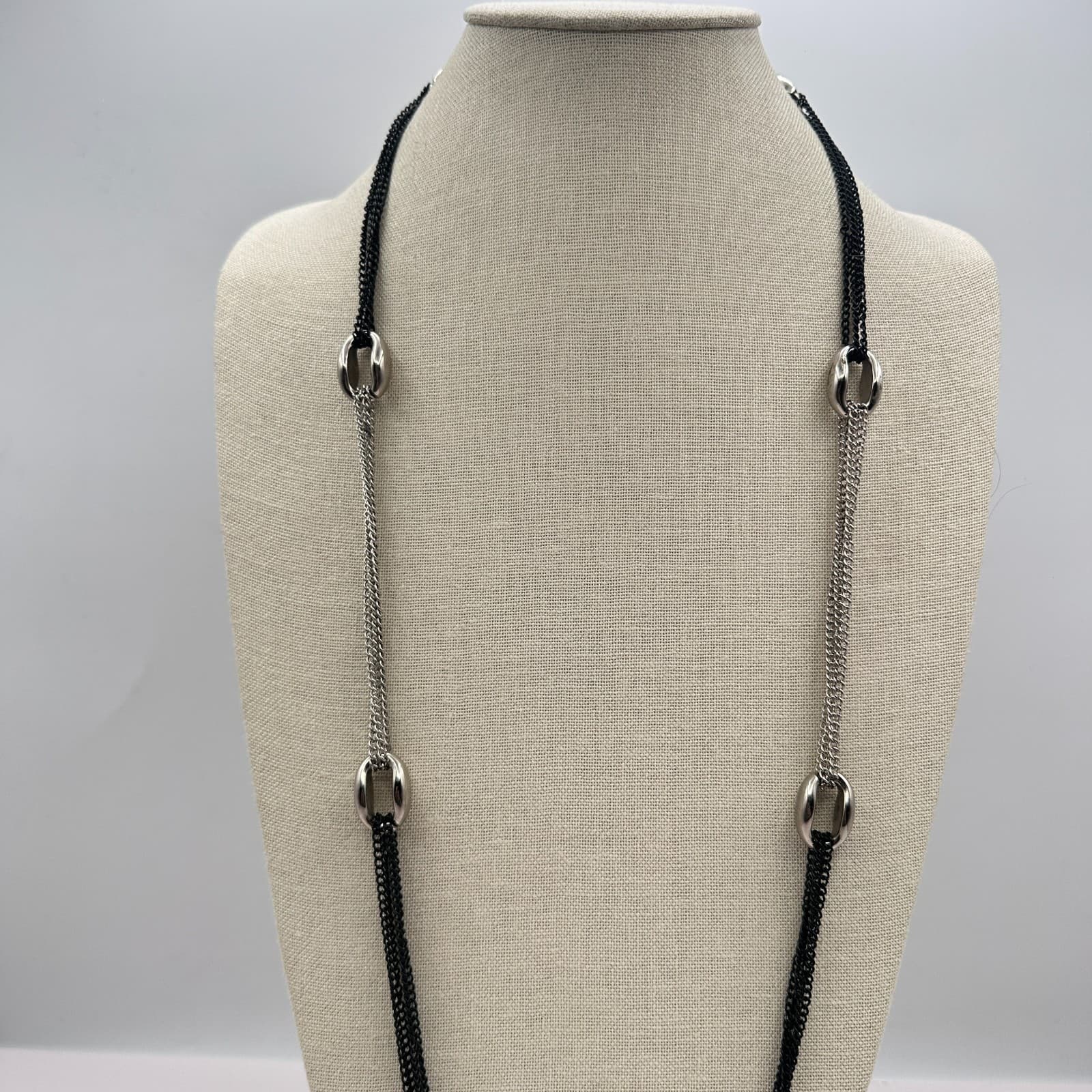 Vintage Y2K Silver Tone Black Silver Multi Strand Chain Necklace Women's Jewelry - Thumbnail 6