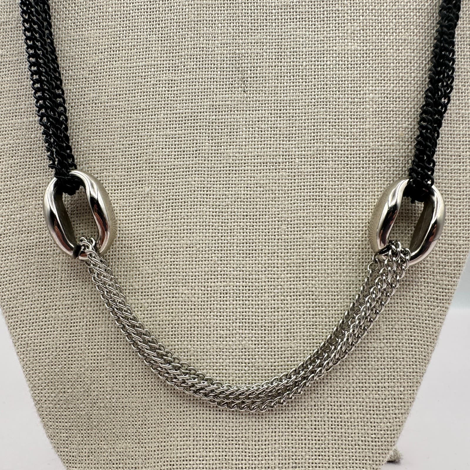 Vintage Y2K Silver Tone Black Silver Multi Strand Chain Necklace Women's Jewelry - Thumbnail 4