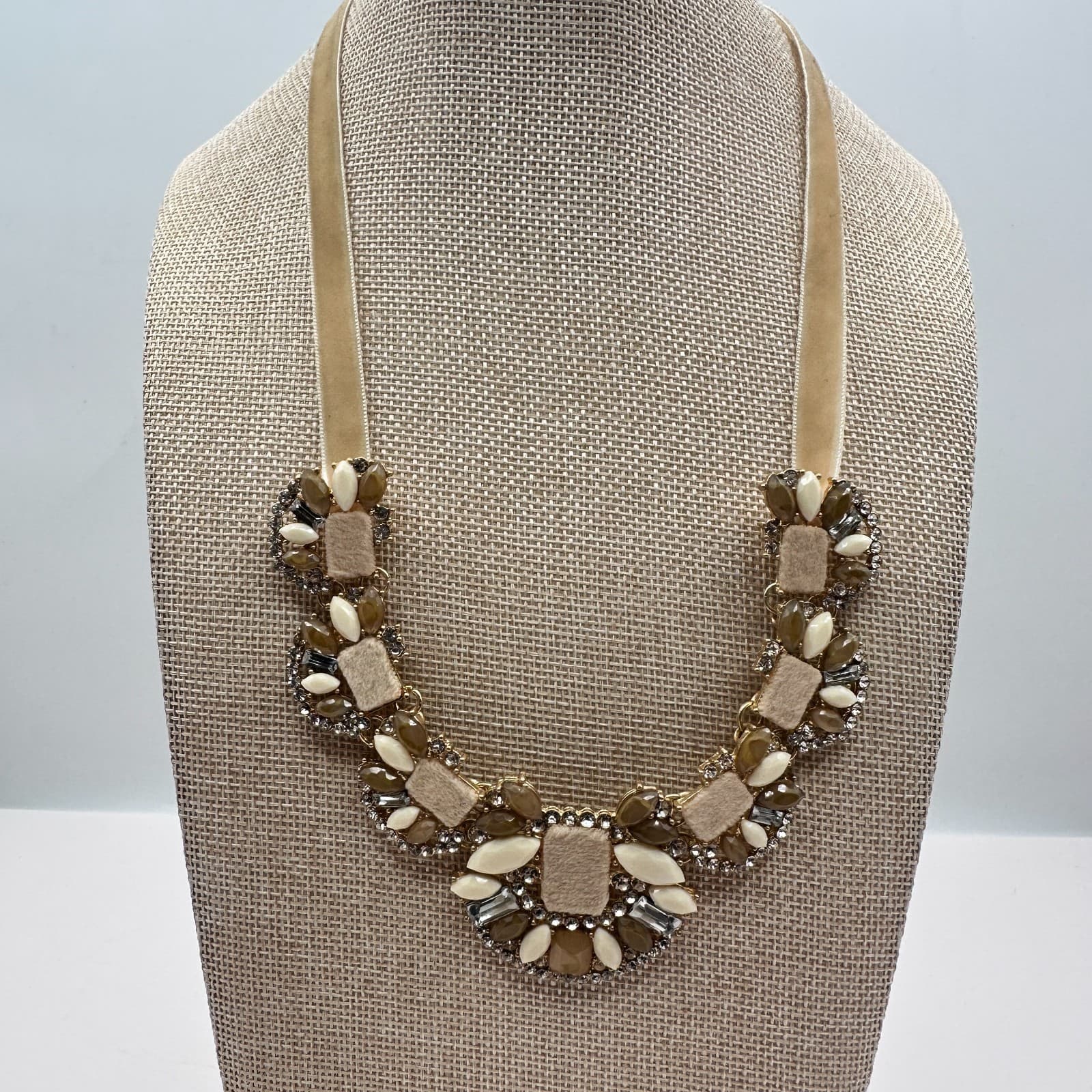 Vintage Y2K Gold Tone Rhinestone Statement Bib Necklace Beige Velvet Jewelry - Image 1