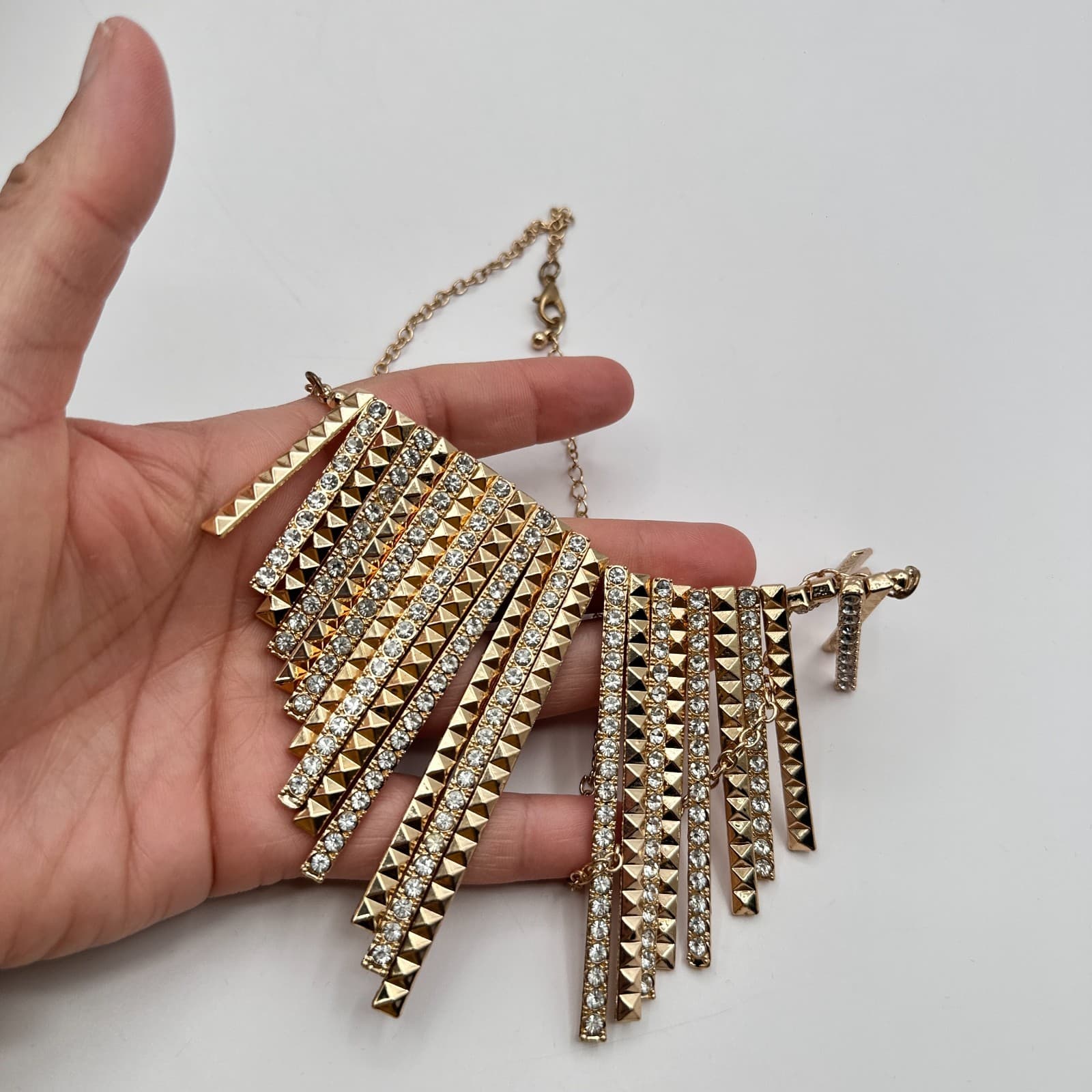 Vintage Y2K Gold Tone Sunburst Statement Necklace Pyramid Rhinestone Jewelry - Thumbnail 4