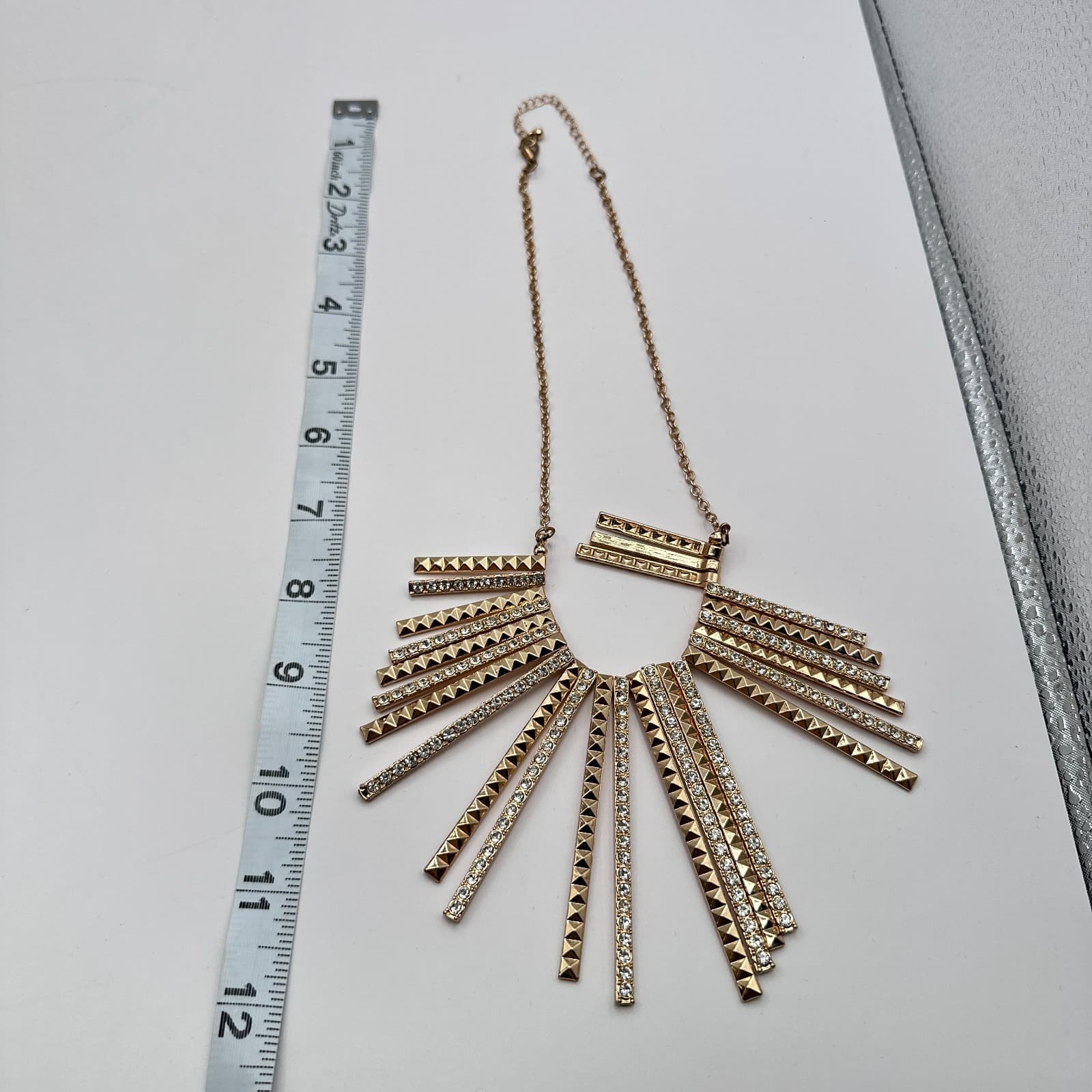 Vintage Y2K Gold Tone Sunburst Statement Necklace Pyramid Rhinestone Jewelry - Thumbnail 6