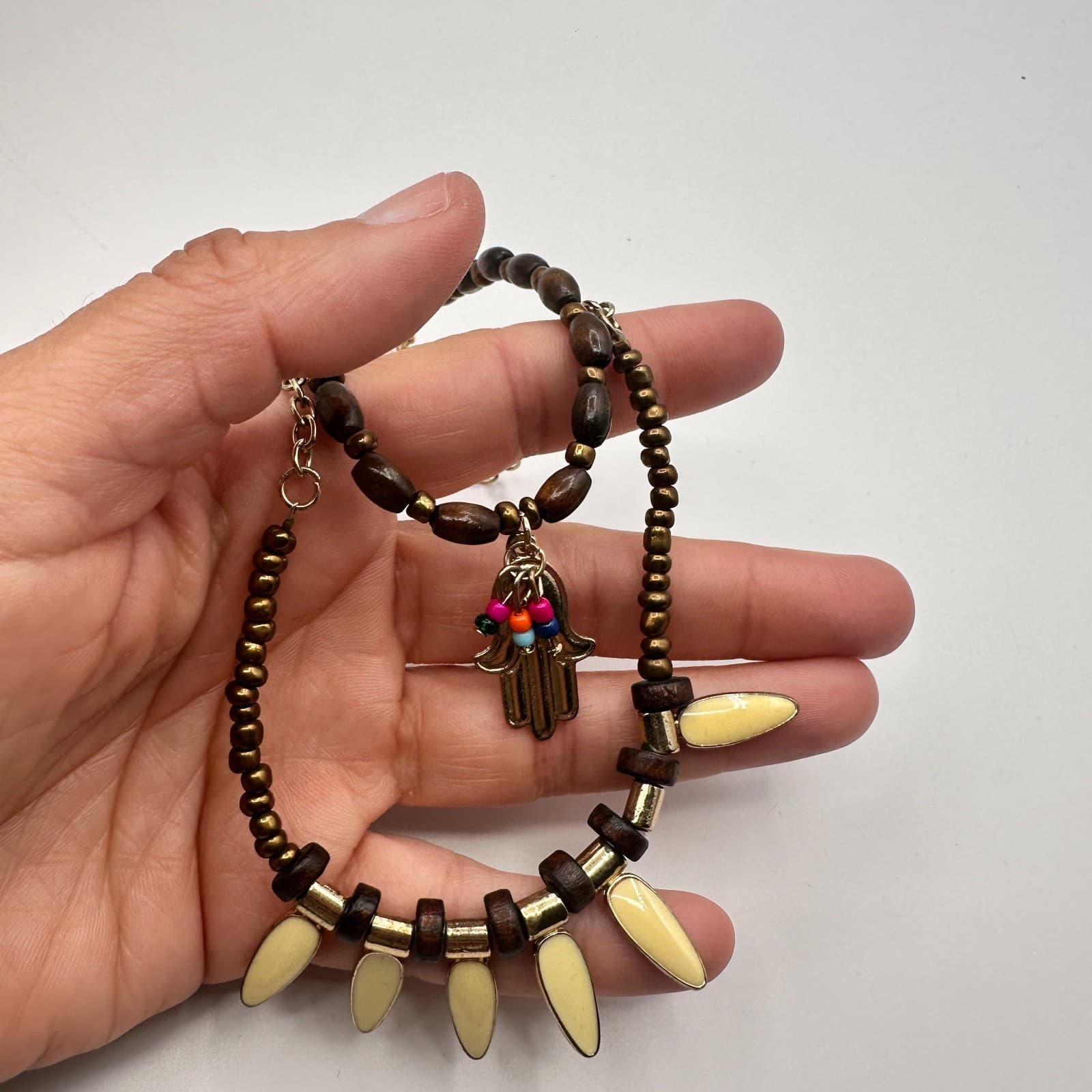 Vintage 90s Gold Tone Beaded Multi Strand Hamsa Hand Pendant Necklace Jewelry - Thumbnail 8