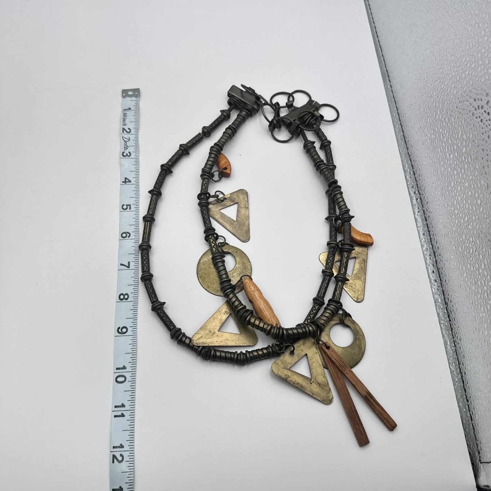 Vintage Y2 Bronze Tone Geometric Charm Double Strand Statement Necklace Jewelry - Thumbnail 9