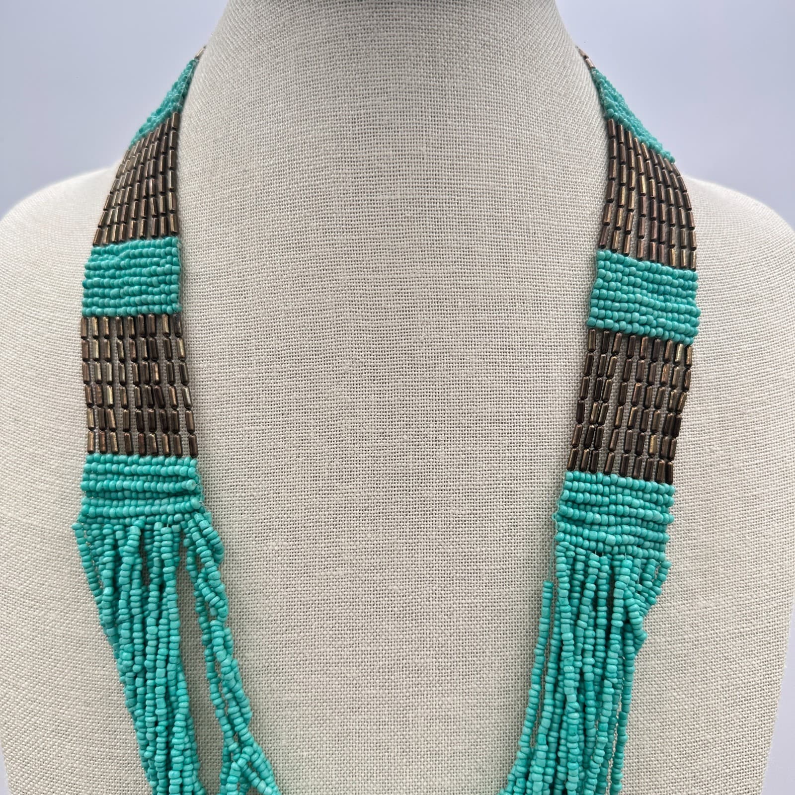 Vintage Y2K Turquoise Seed Beaded Multi Strand Necklace Boho Women's Jewelry - Thumbnail 3