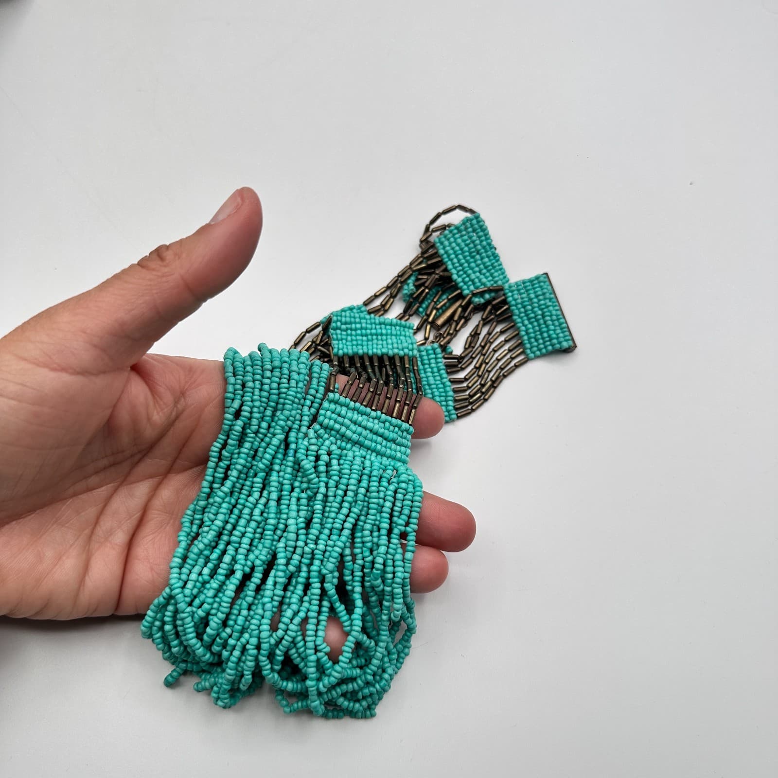 Vintage Y2K Turquoise Seed Beaded Multi Strand Necklace Boho Women's Jewelry - Thumbnail 9