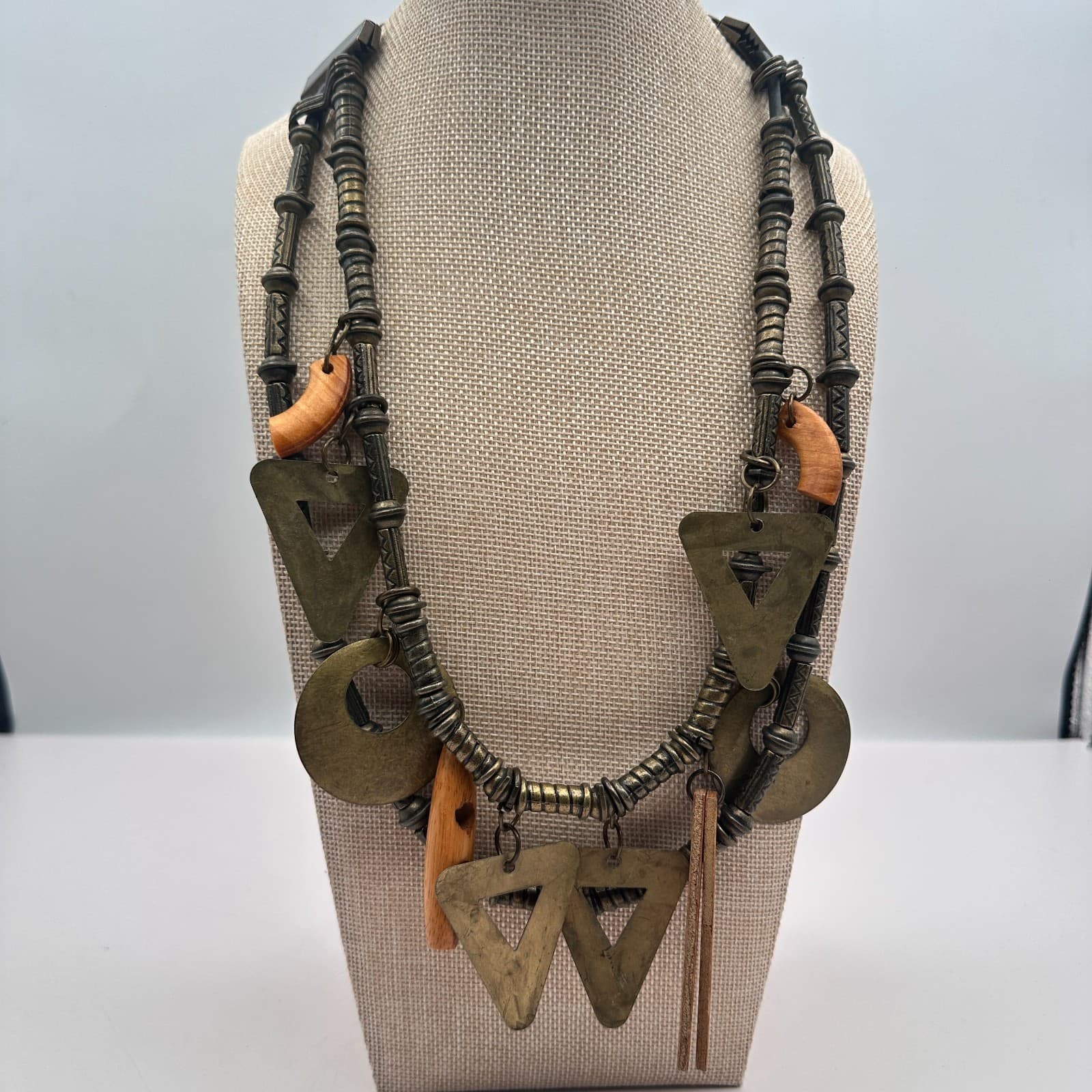 Vintage Y2 Bronze Tone Geometric Charm Double Strand Statement Necklace Jewelry - Thumbnail 4