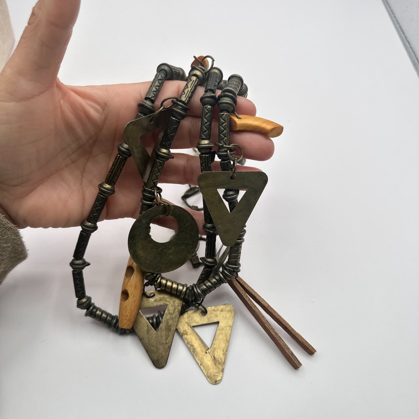 Vintage Y2 Bronze Tone Geometric Charm Double Strand Statement Necklace Jewelry - Thumbnail 7