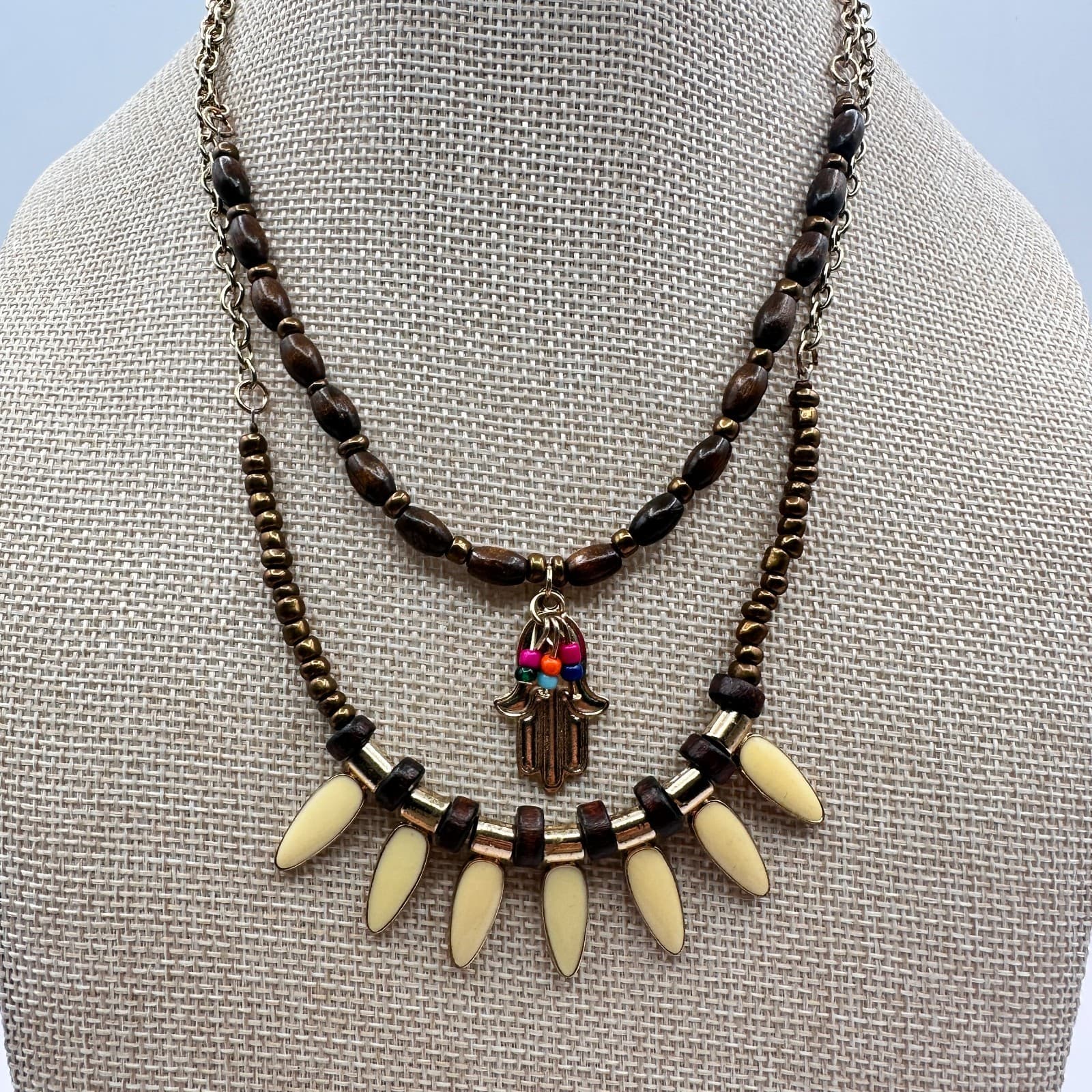 Vintage 90s Gold Tone Beaded Multi Strand Hamsa Hand Pendant Necklace Jewelry - Image 1