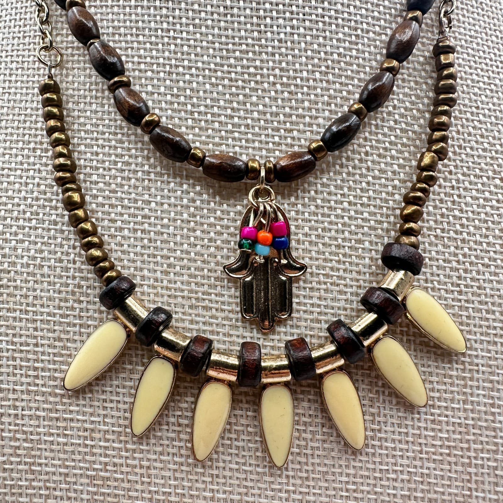 Vintage 90s Gold Tone Beaded Multi Strand Hamsa Hand Pendant Necklace Jewelry - Thumbnail 2