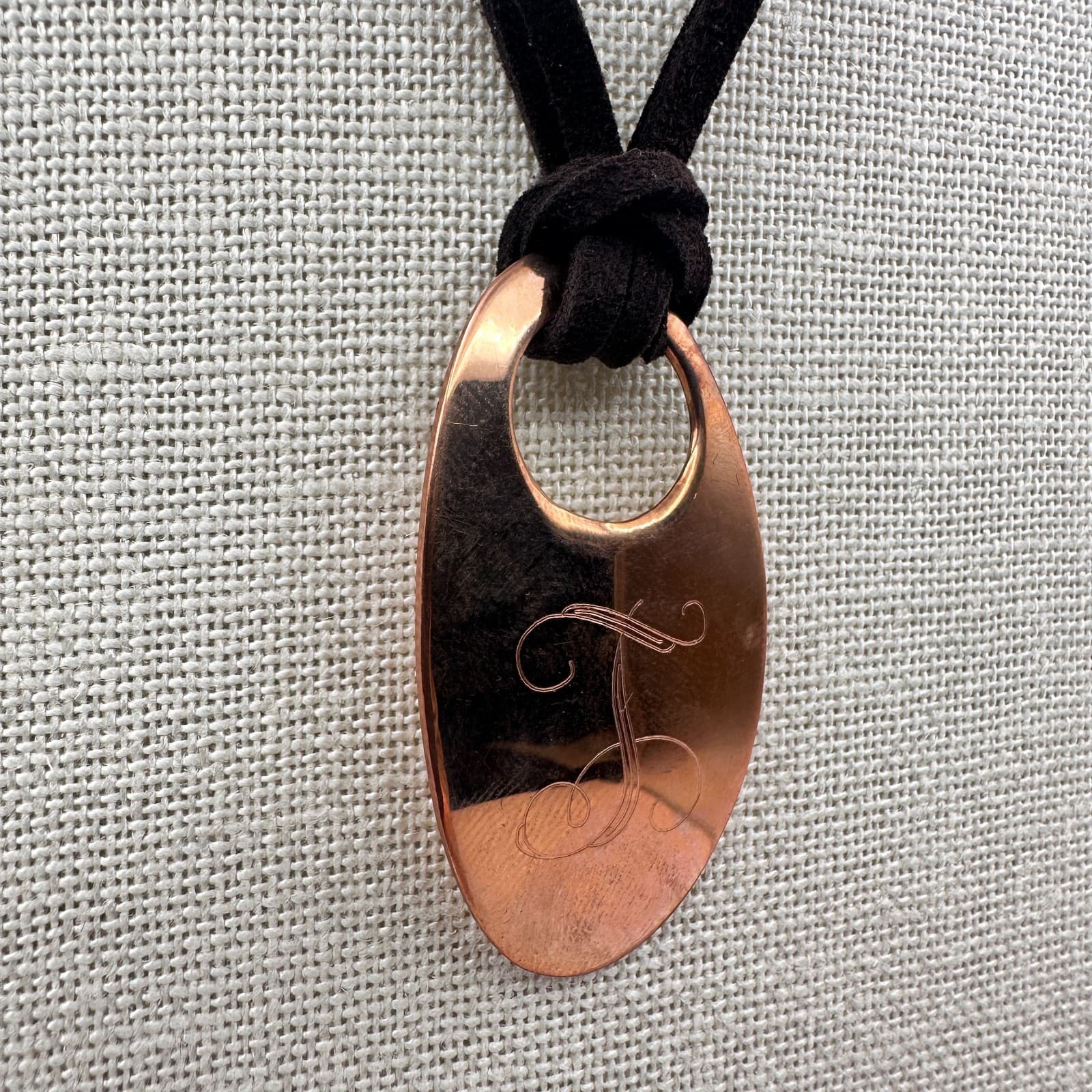 Vintage 90s Copper Monogram Initial T Pendant Necklace Black Suede Cord Jewelry - Image 1