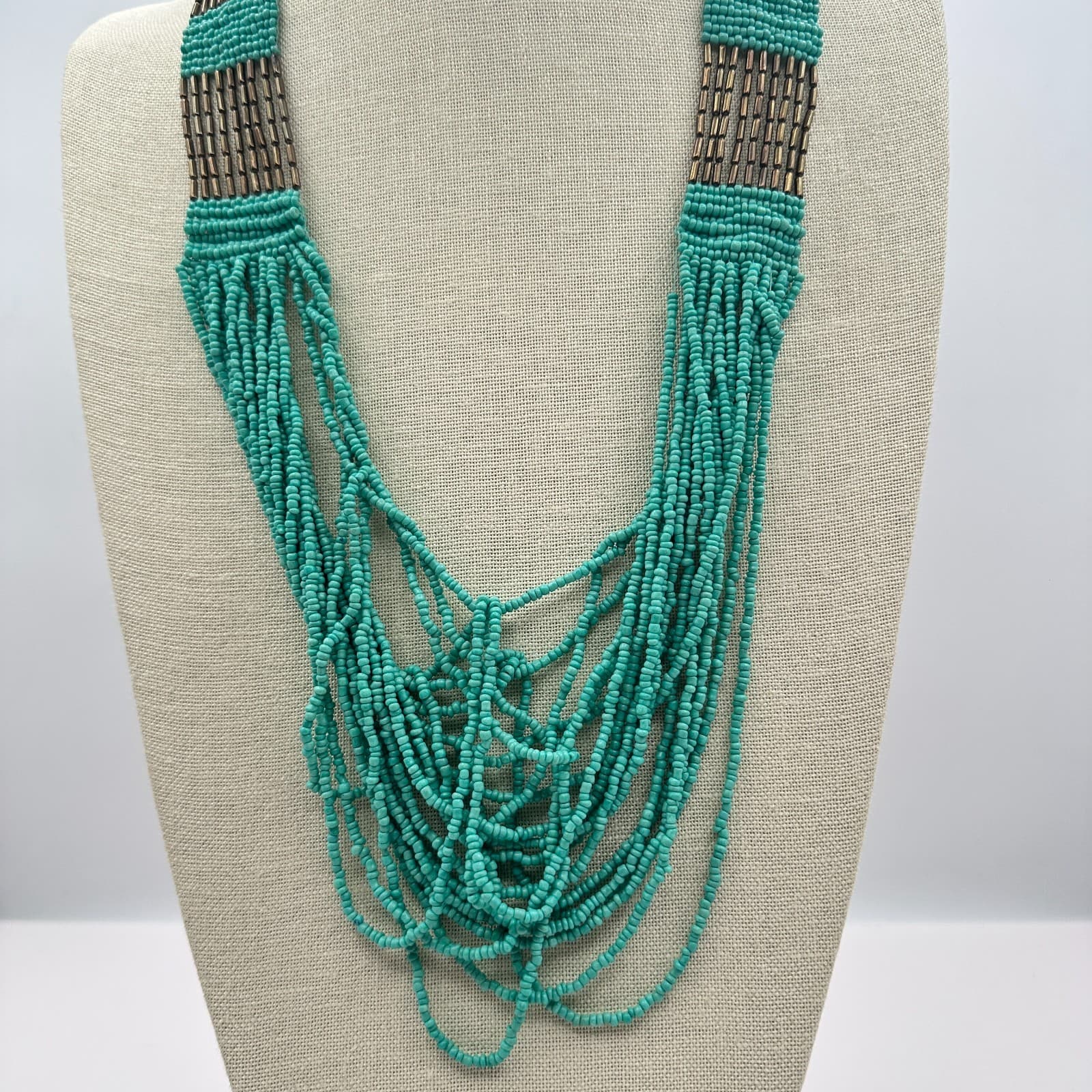 Vintage Y2K Turquoise Seed Beaded Multi Strand Necklace Boho Women's Jewelry - Thumbnail 2
