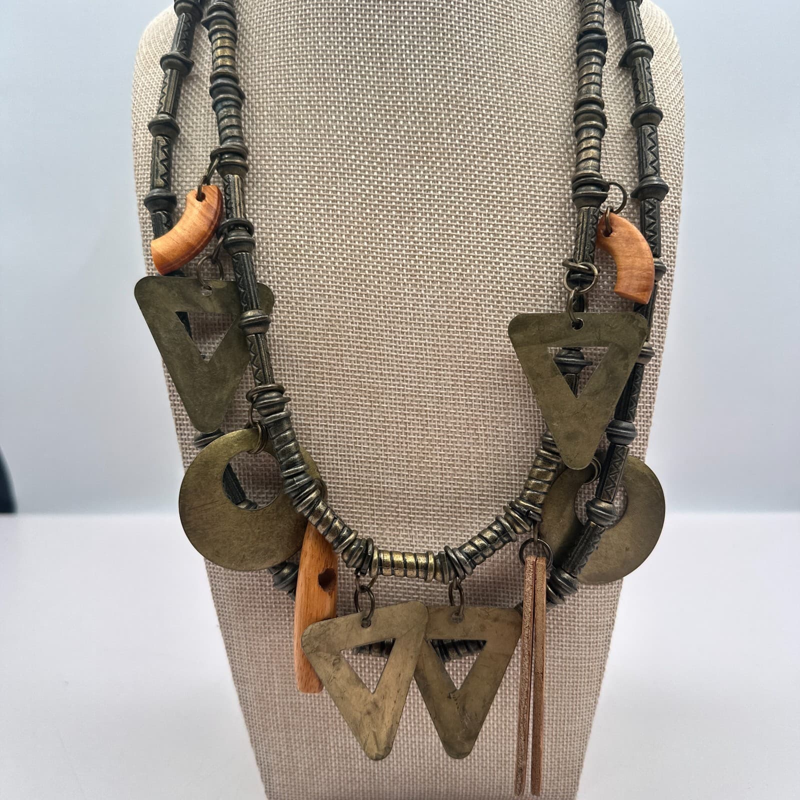 Vintage Y2 Bronze Tone Geometric Charm Double Strand Statement Necklace Jewelry - Thumbnail 2