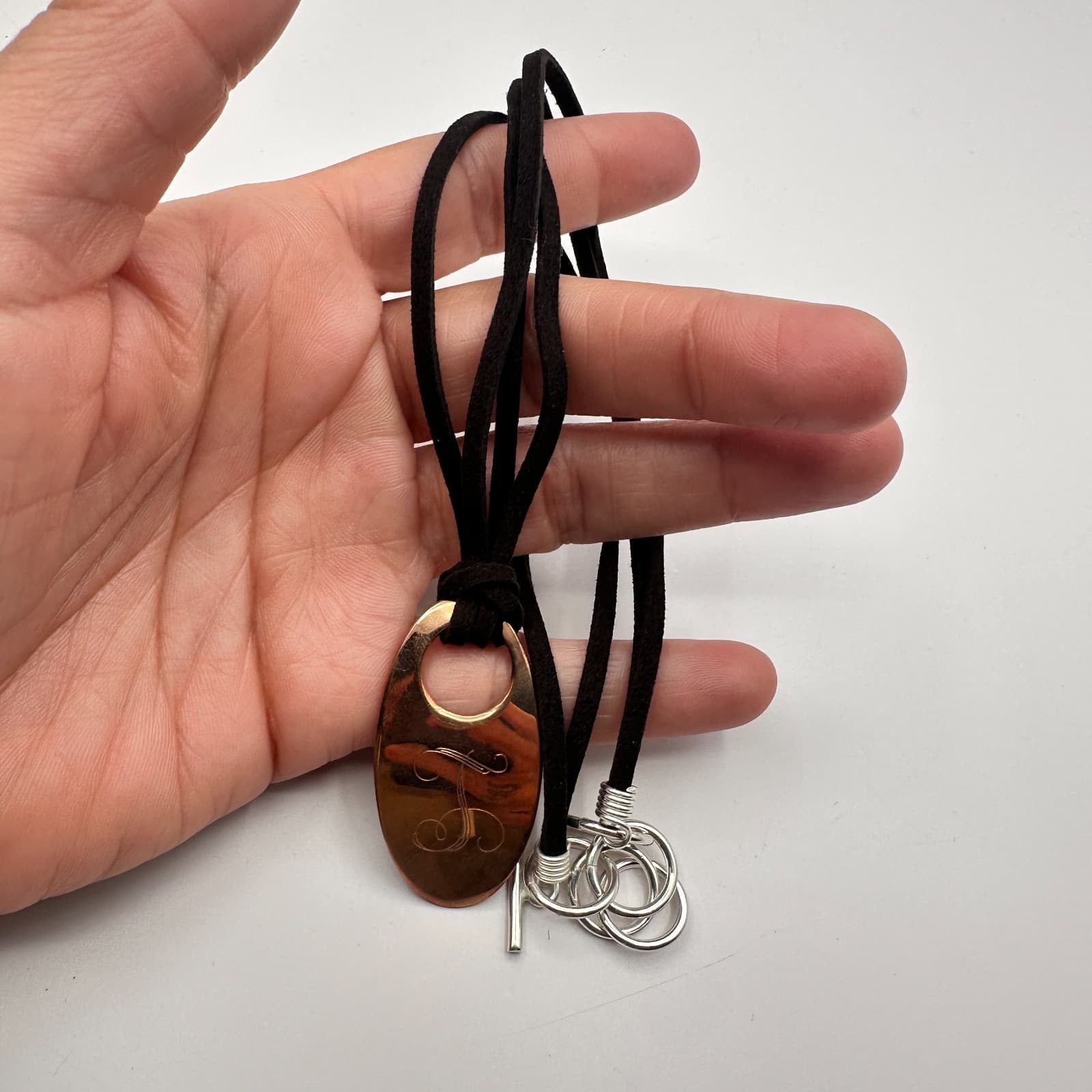 Vintage 90s Copper Monogram Initial T Pendant Necklace Black Suede Cord Jewelry - Thumbnail 6