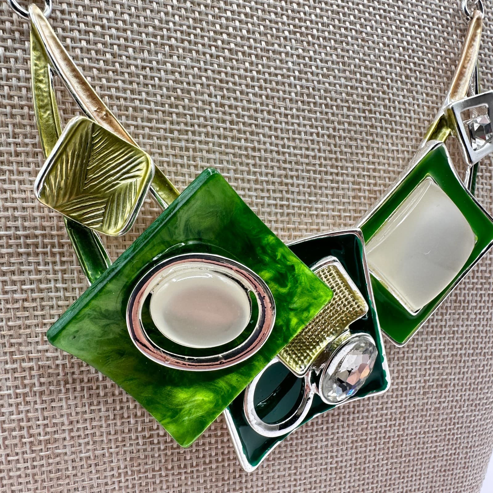 VTG Y2K Silver Tone Clear Rhinestone Geometric Bib Necklace Statement Jewelry - Thumbnail 4