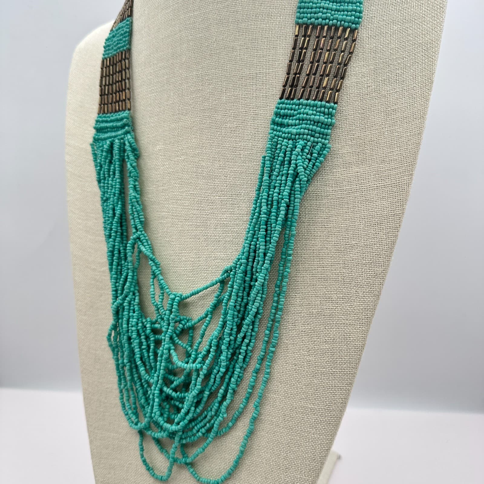 Vintage Y2K Turquoise Seed Beaded Multi Strand Necklace Boho Women's Jewelry - Thumbnail 7