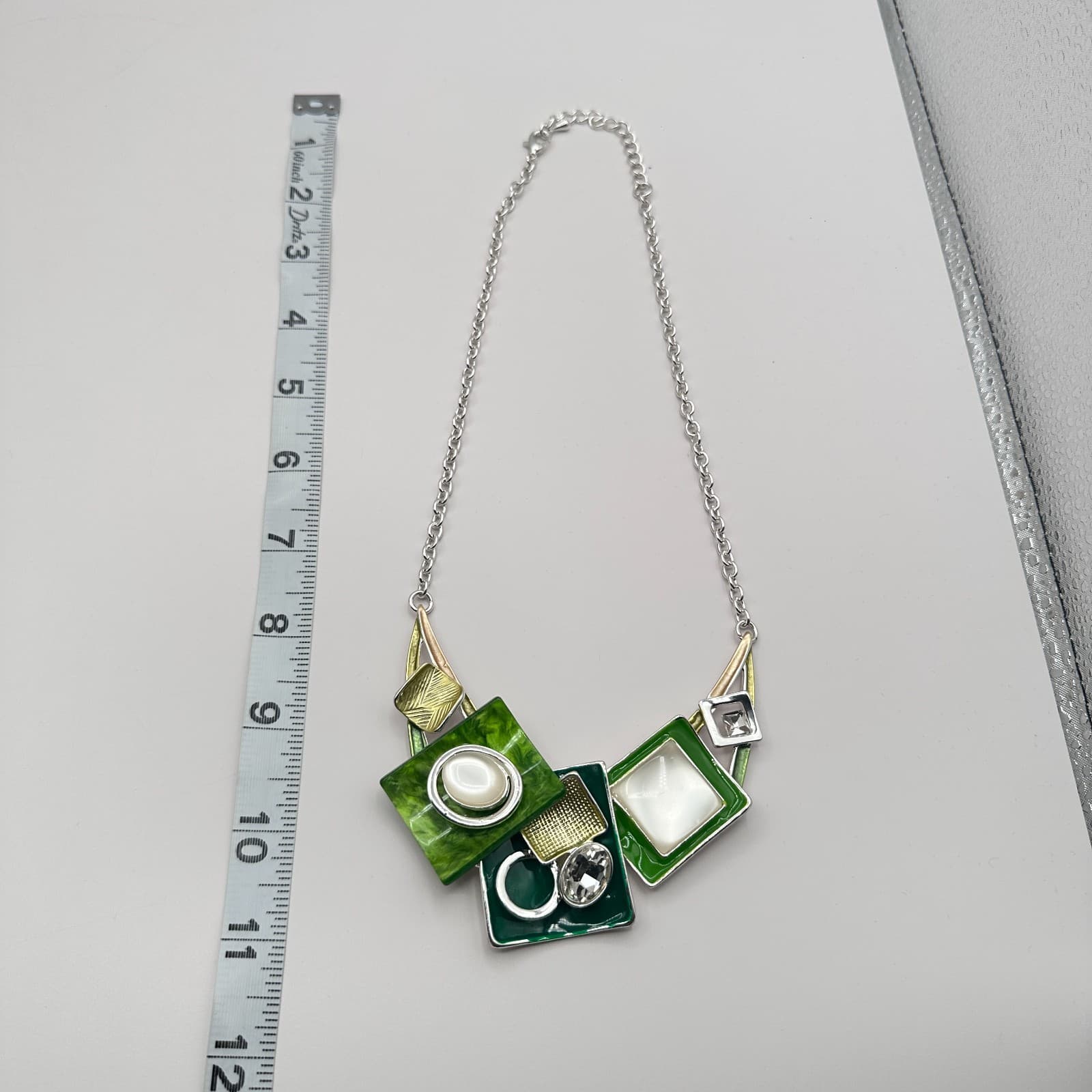 VTG Y2K Silver Tone Clear Rhinestone Geometric Bib Necklace Statement Jewelry - Thumbnail 8